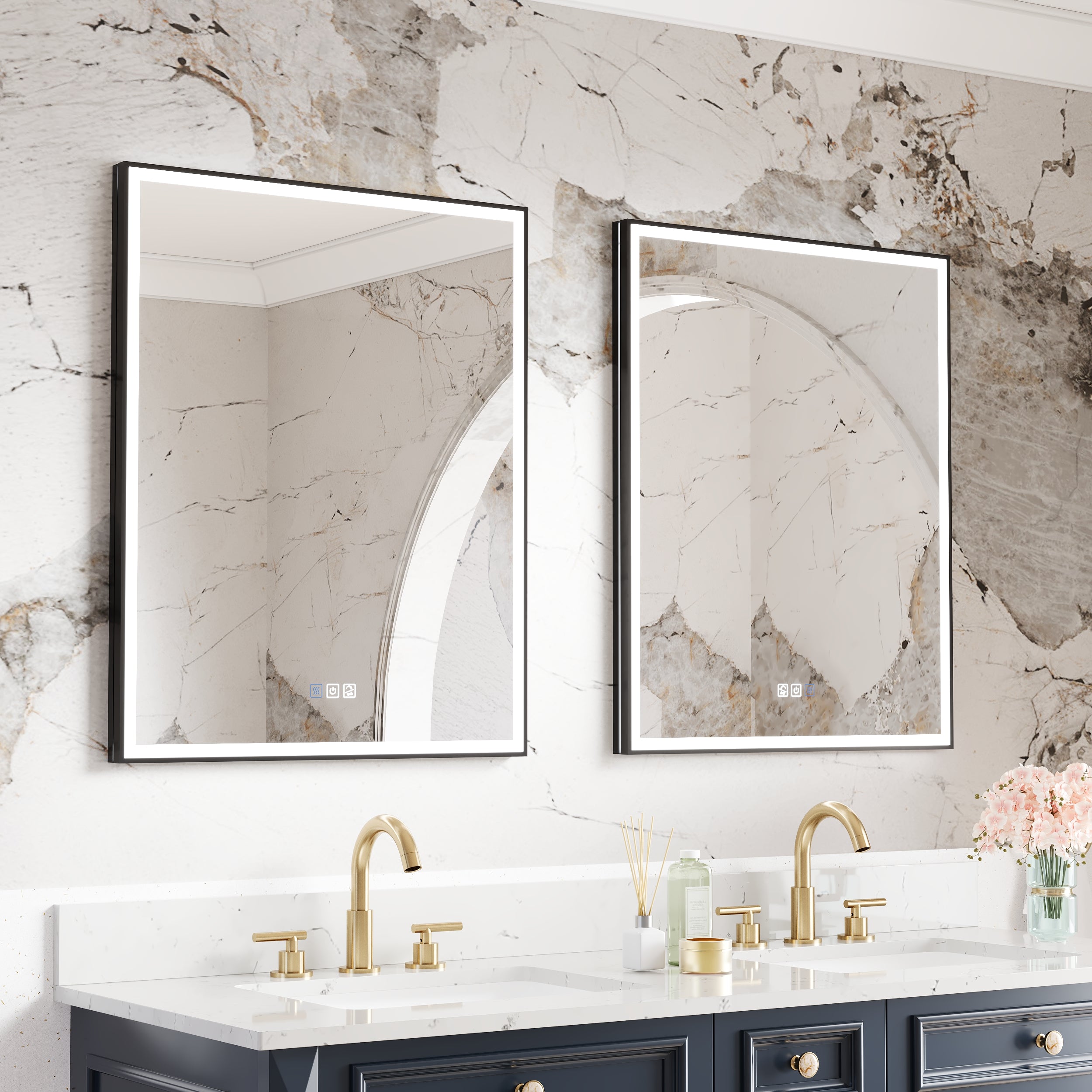 60" Navy Blue Solid Wood Bathroom Vanity & 2-Piece 24" LED Mirror Medicine Cabinet Combo