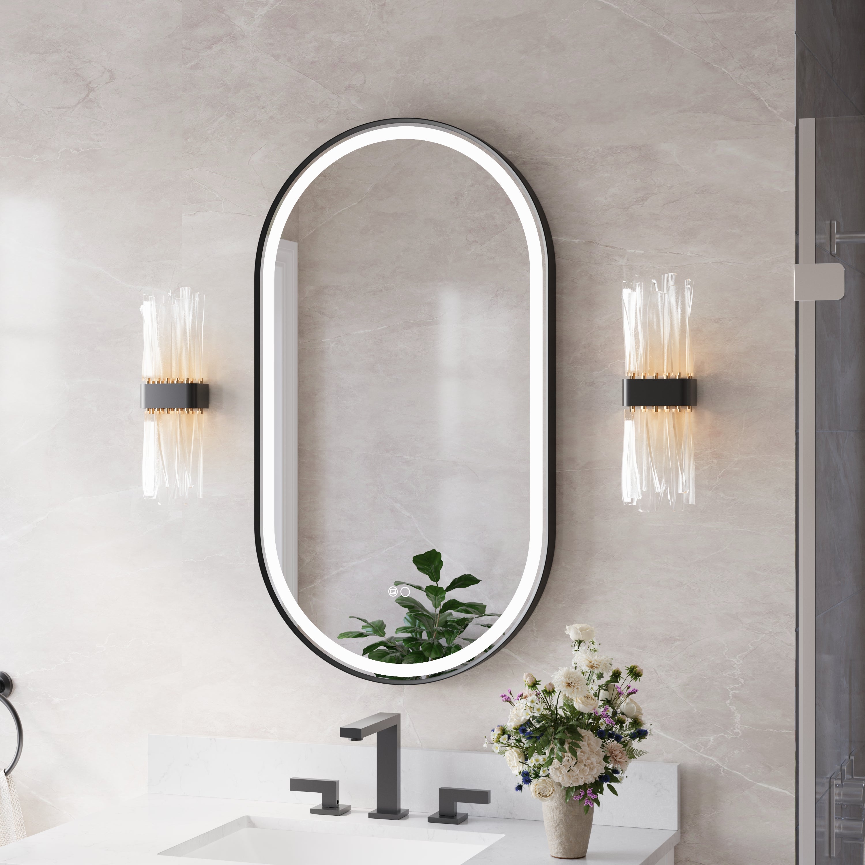 20 in. W x 36 in. H Oval LED Framed Mirror, Anti-Fog, Dimmable in Matte Black