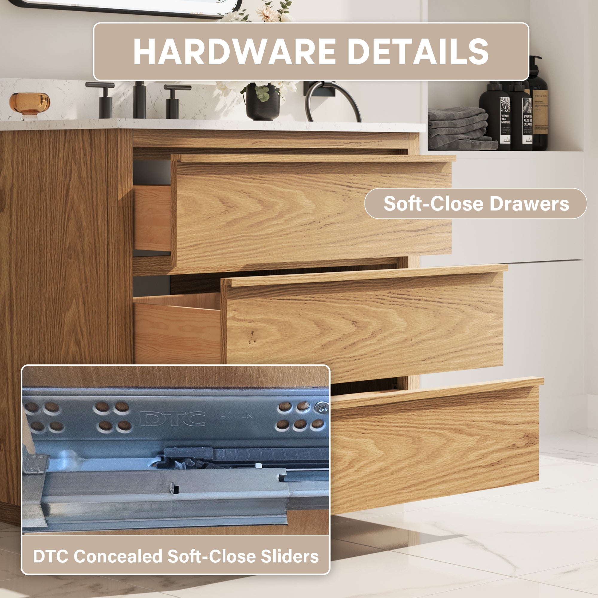 36 Inch Oak Soild Wood Bathroom Vanity with Single Undermount Sink, 3 Dovetail-constructed Drawers