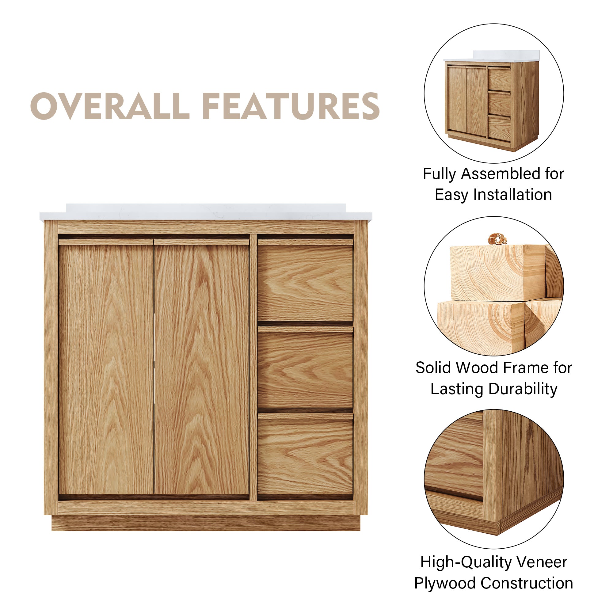 36 Inch Oak Soild Wood Bathroom Vanity with Sink, 3 Dovetail-constructed Drawers and 2 Soft-close Doors