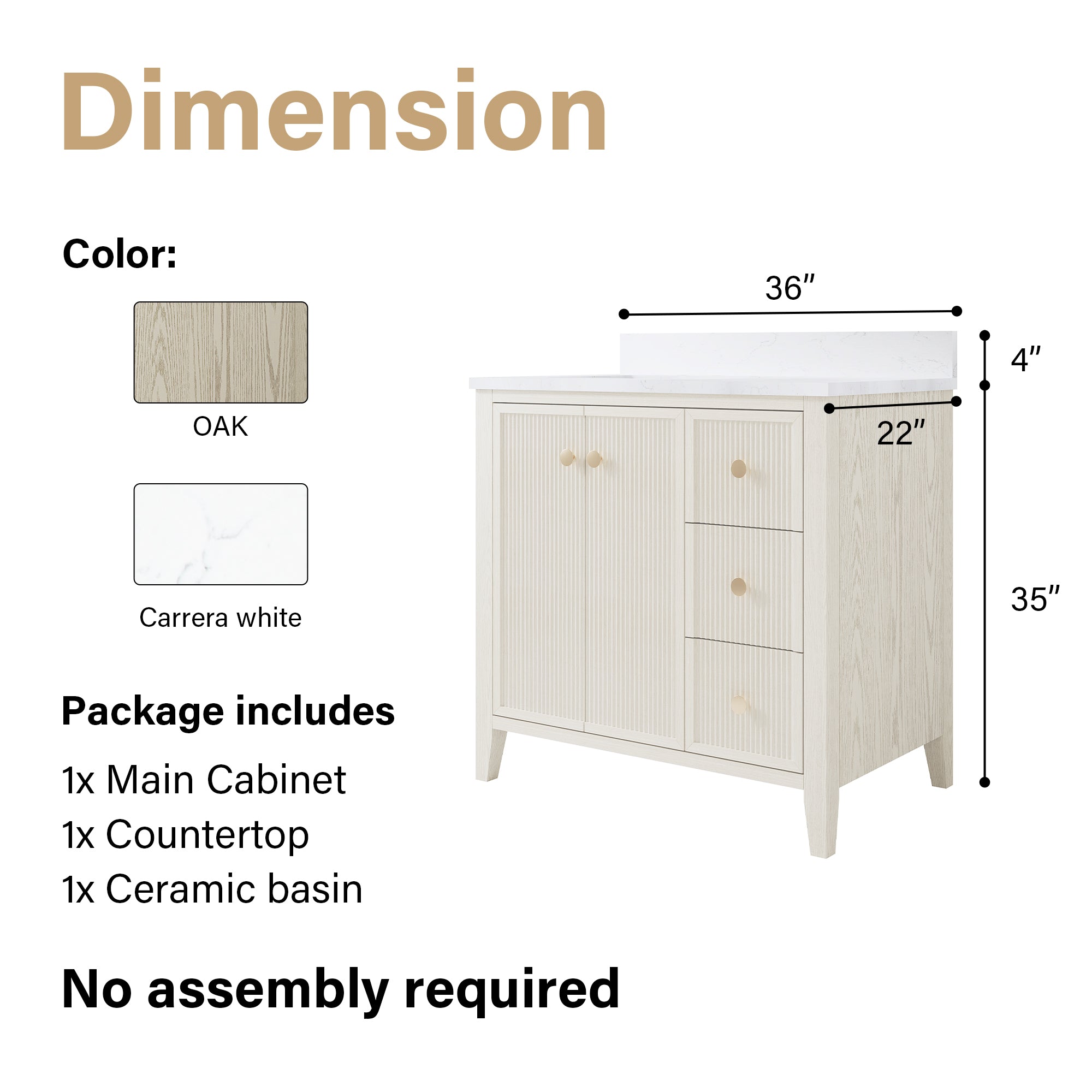 36" ASH Bathroom Vanity with Single Undermount Sink, 3 Dovetail-constructed Drawers, 2 Soft-Closing Doors