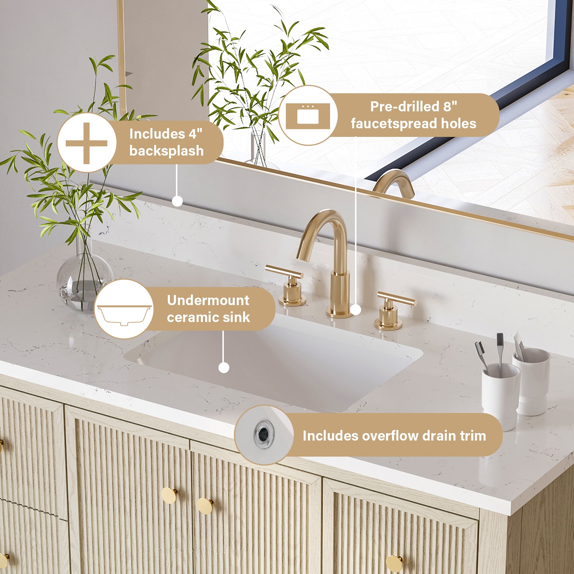 48" ASH Bathroom Vanity with Single Undermount Sink, 6 Dovetail-constructed Drawers, 2 Soft-Closing Doors