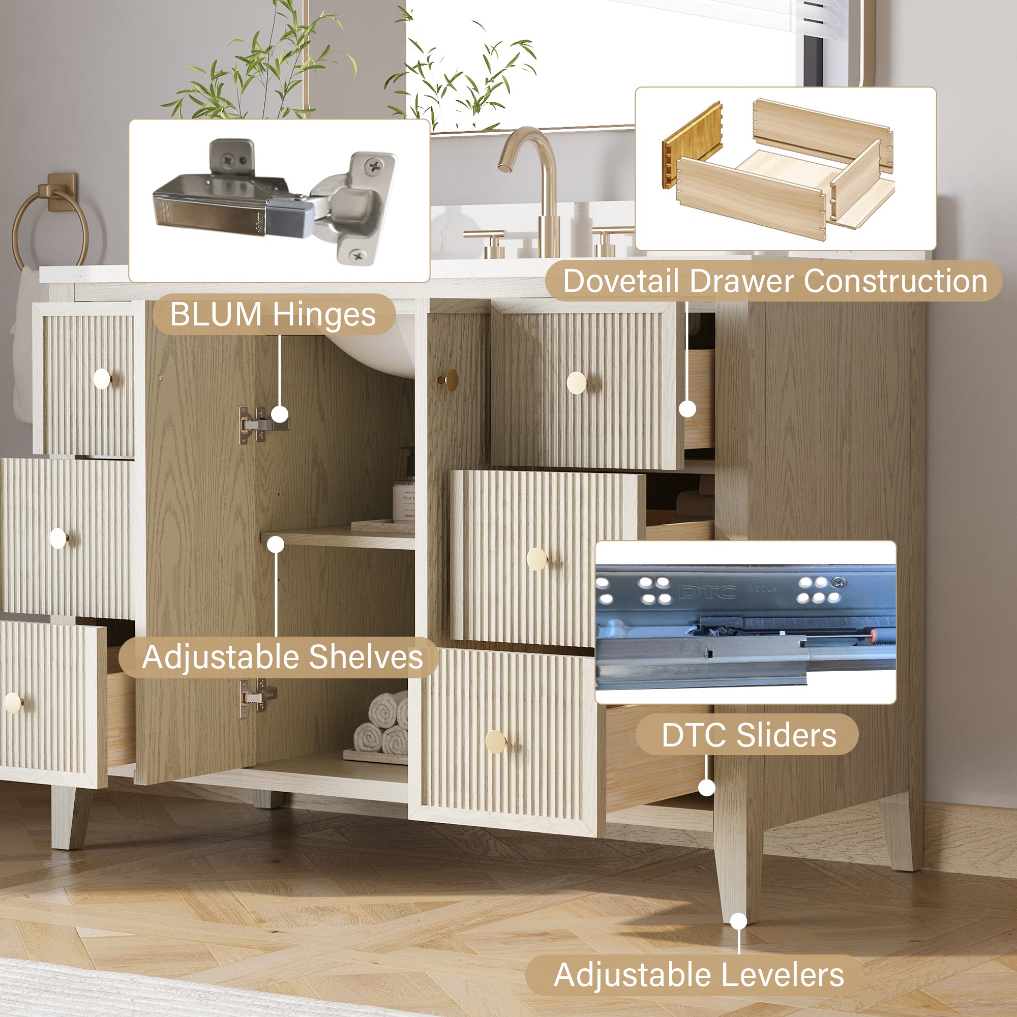 48" ASH Bathroom Vanity with Single Undermount Sink, 6 Dovetail-constructed Drawers, 2 Soft-Closing Doors