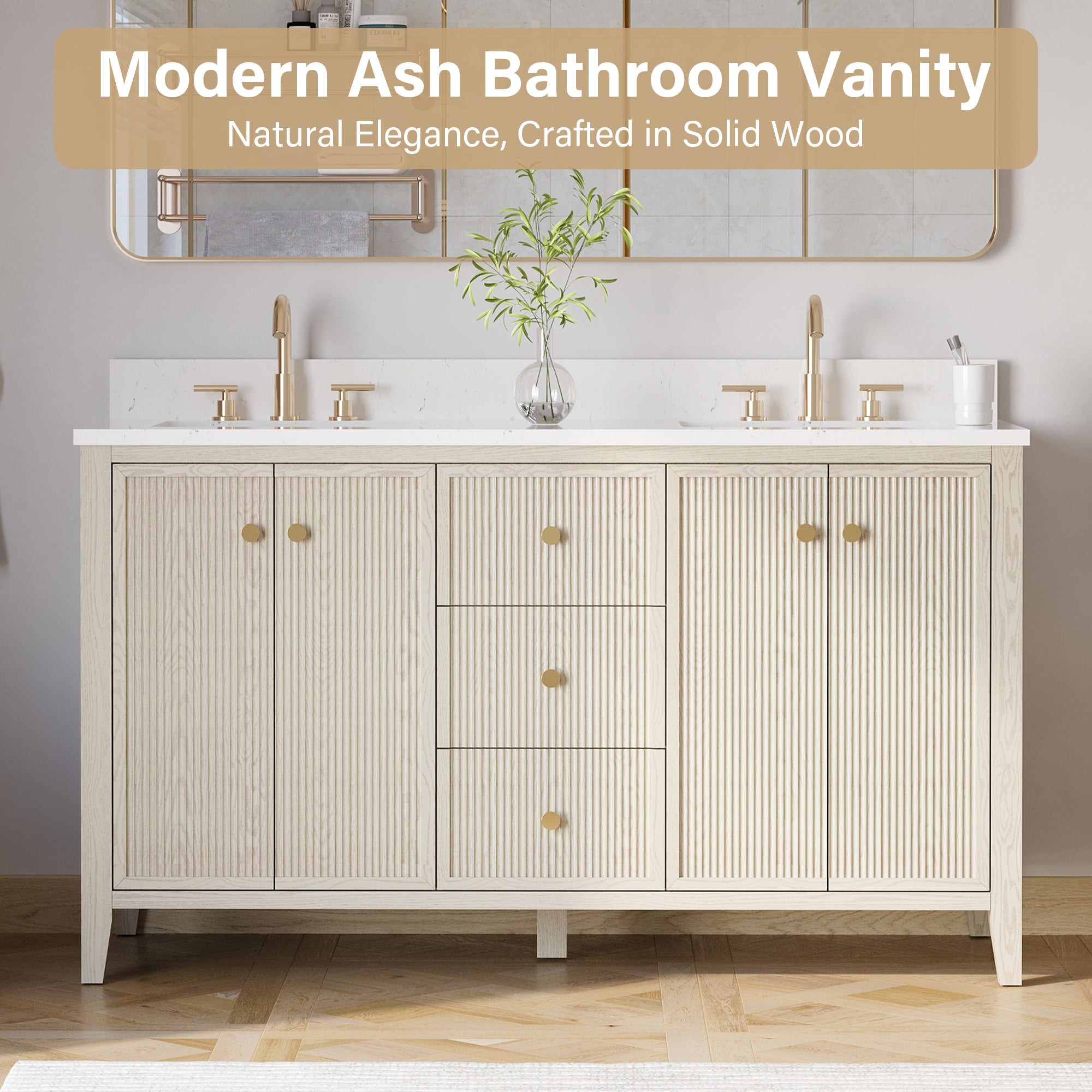 60" ASH Bathroom Vanity with Double Undermount Sinks, 3 Dovetail-constructed Drawers, 4 Soft-Closing Doors