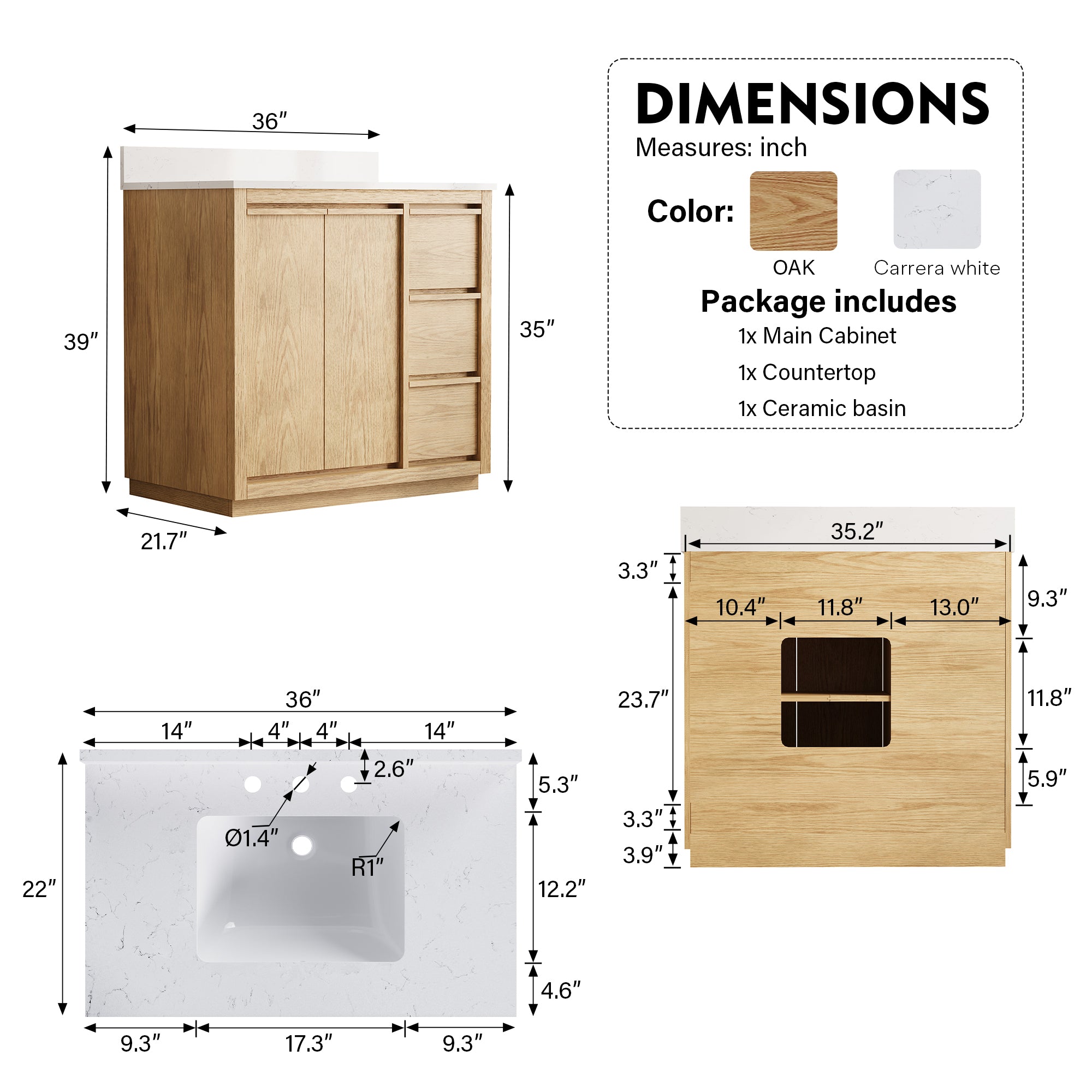 36 Inch Oak Soild Wood Bathroom Vanity with Sink, 3 Dovetail-constructed Drawers and 2 Soft-close Doors
