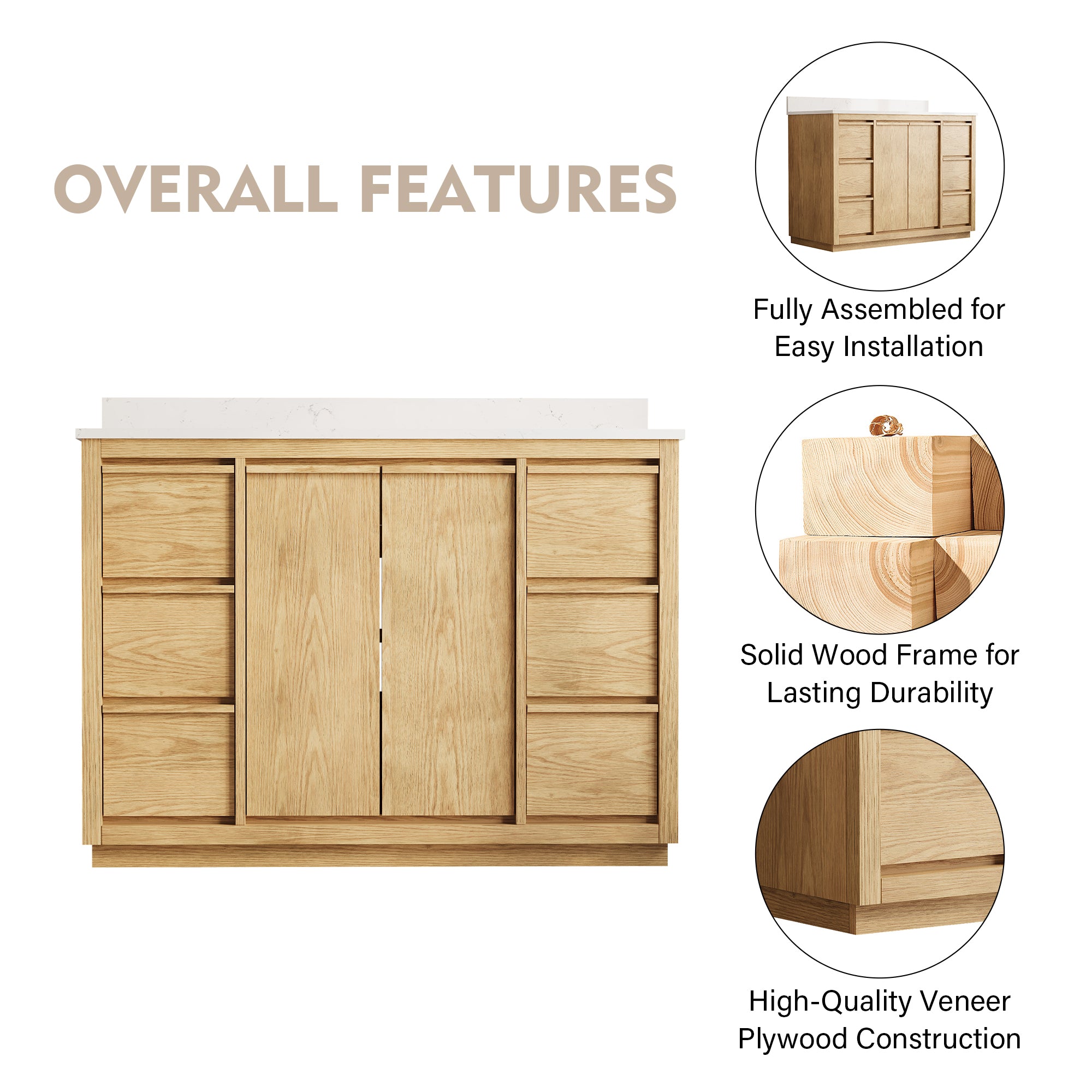 48 Inch Oak Soild Wood Bathroom Vanity with Sink, 6 Dovetail-constructed Drawers and 2 Soft-close Doors