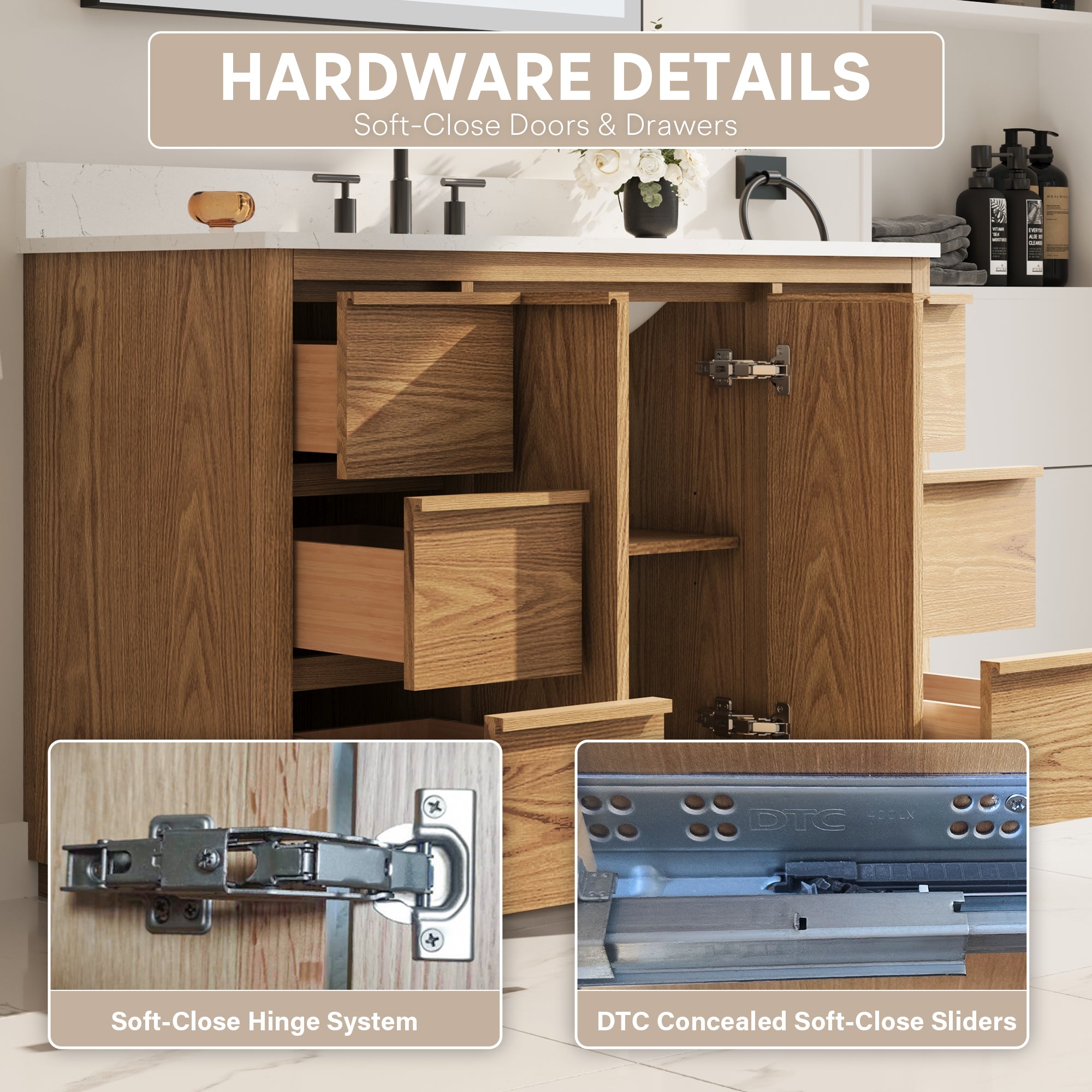48 Inch Oak Soild Wood Bathroom Vanity with Sink, 6 Dovetail-constructed Drawers and 2 Soft-close Doors