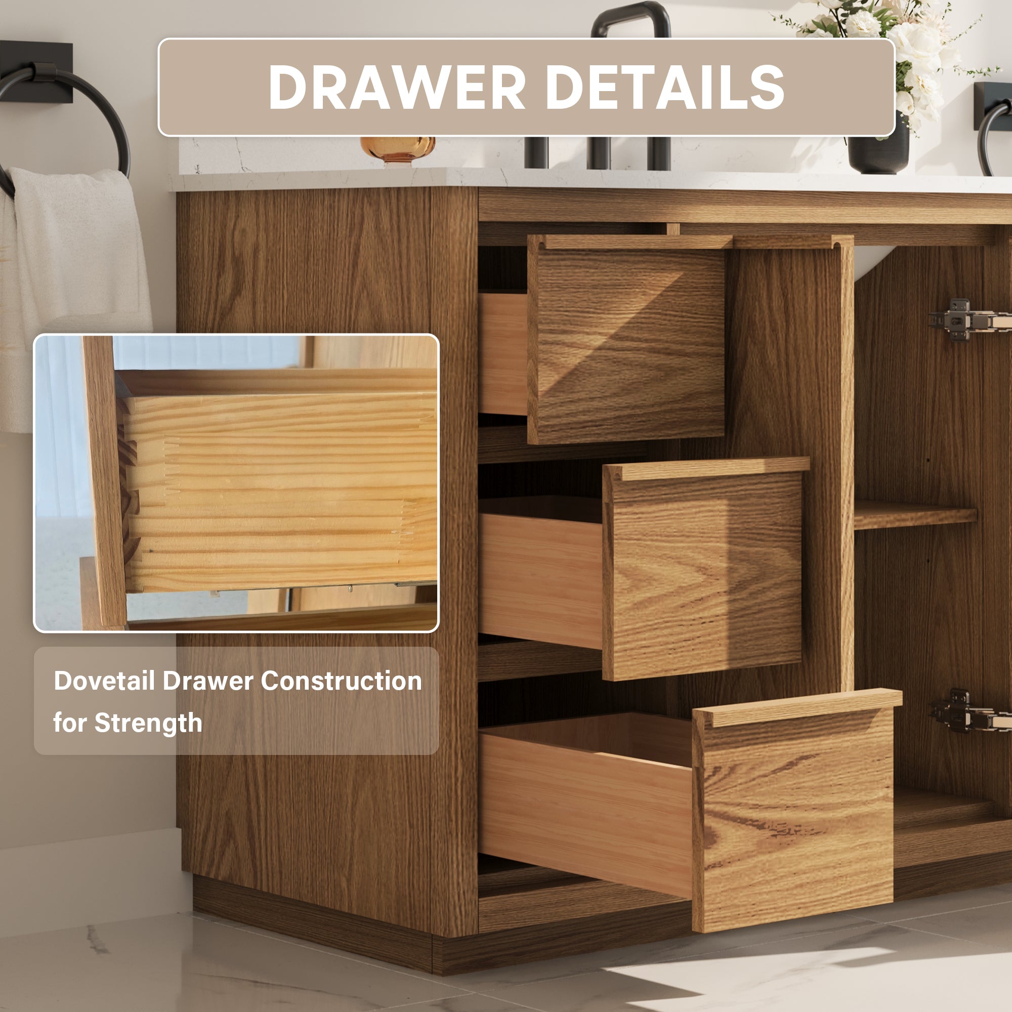 48 Inch Oak Soild Wood Bathroom Vanity with Sink, 6 Dovetail-constructed Drawers and 2 Soft-close Doors