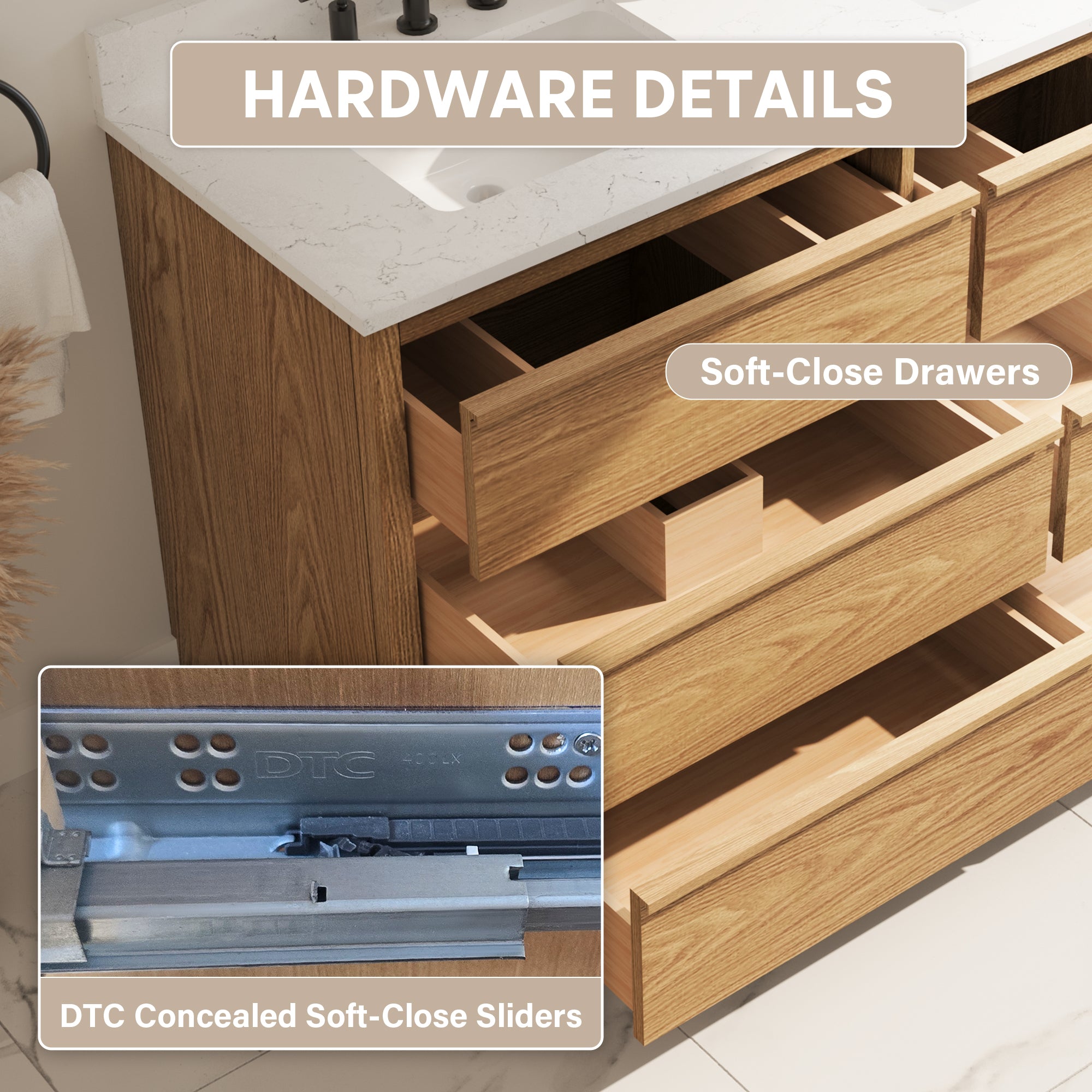 60 Inch Oak Soild Wood Bathroom Vanity with Double Undermount Sinks, 6 Dovetail-constructed Drawers