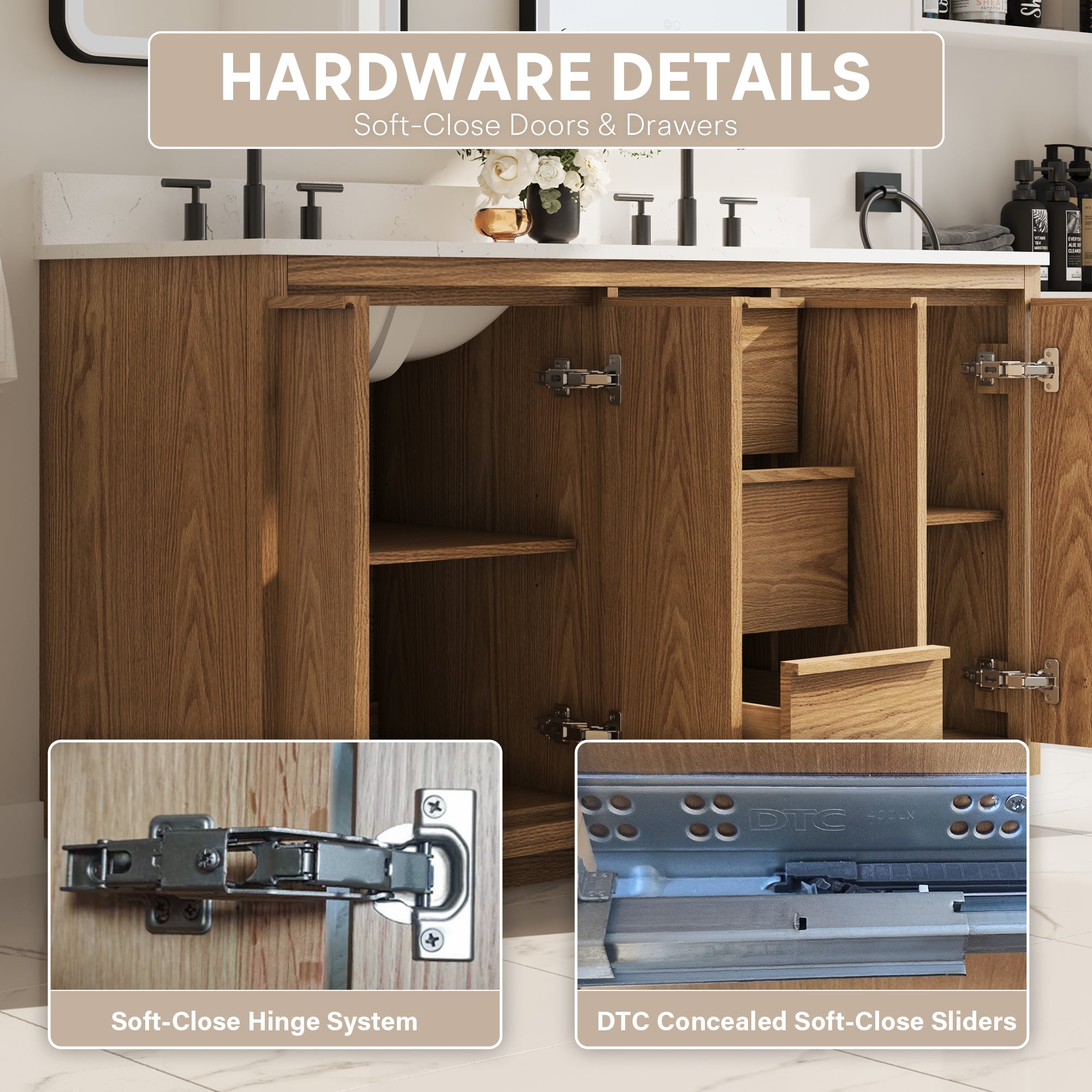 60 Inch Oak Soild Wood Bathroom Vanity with Double Undermount Sinks, 3 Dovetail-constructed Drawers and 4 Soft-close Doors