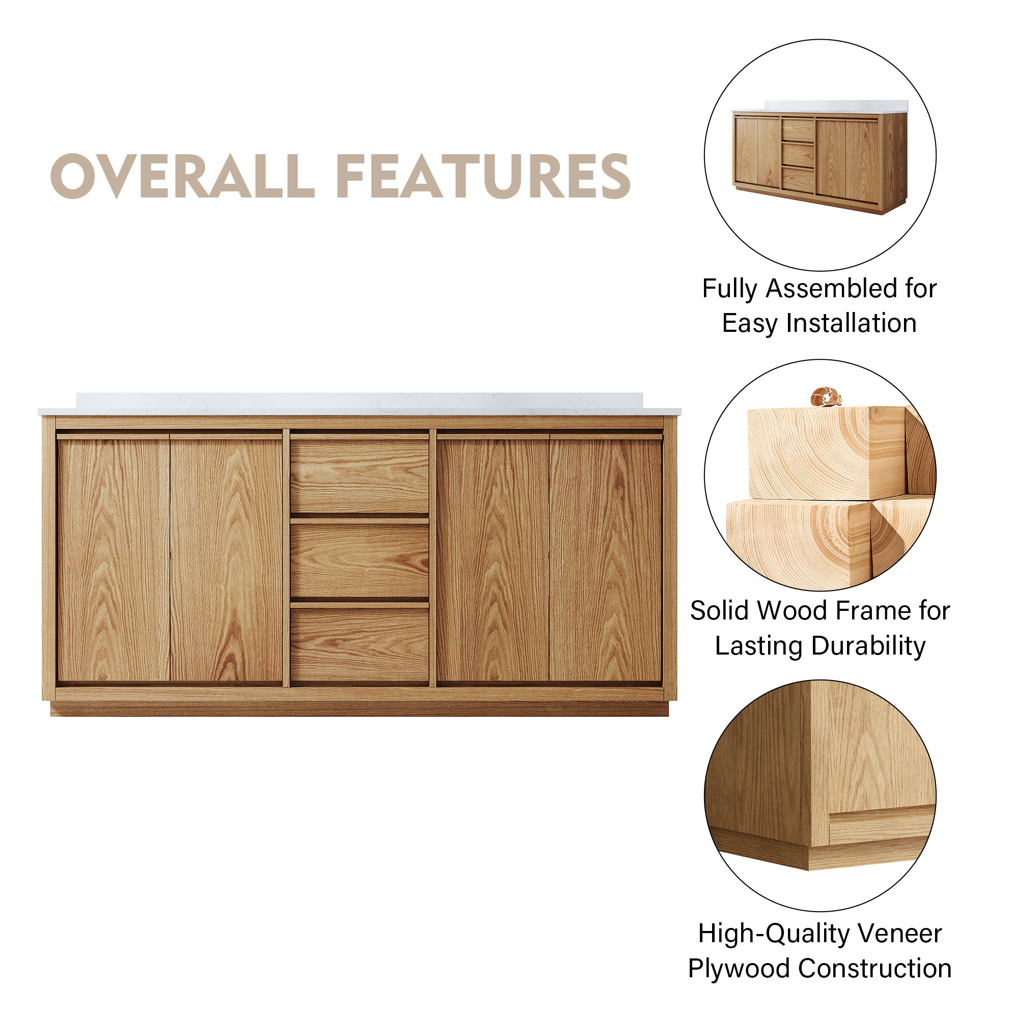 72 Inch Oak Soild Wood Bathroom Vanity with Double Undermount Sinks, 3 Dovetail-constructed Drawers and 4 Soft-close Doors
