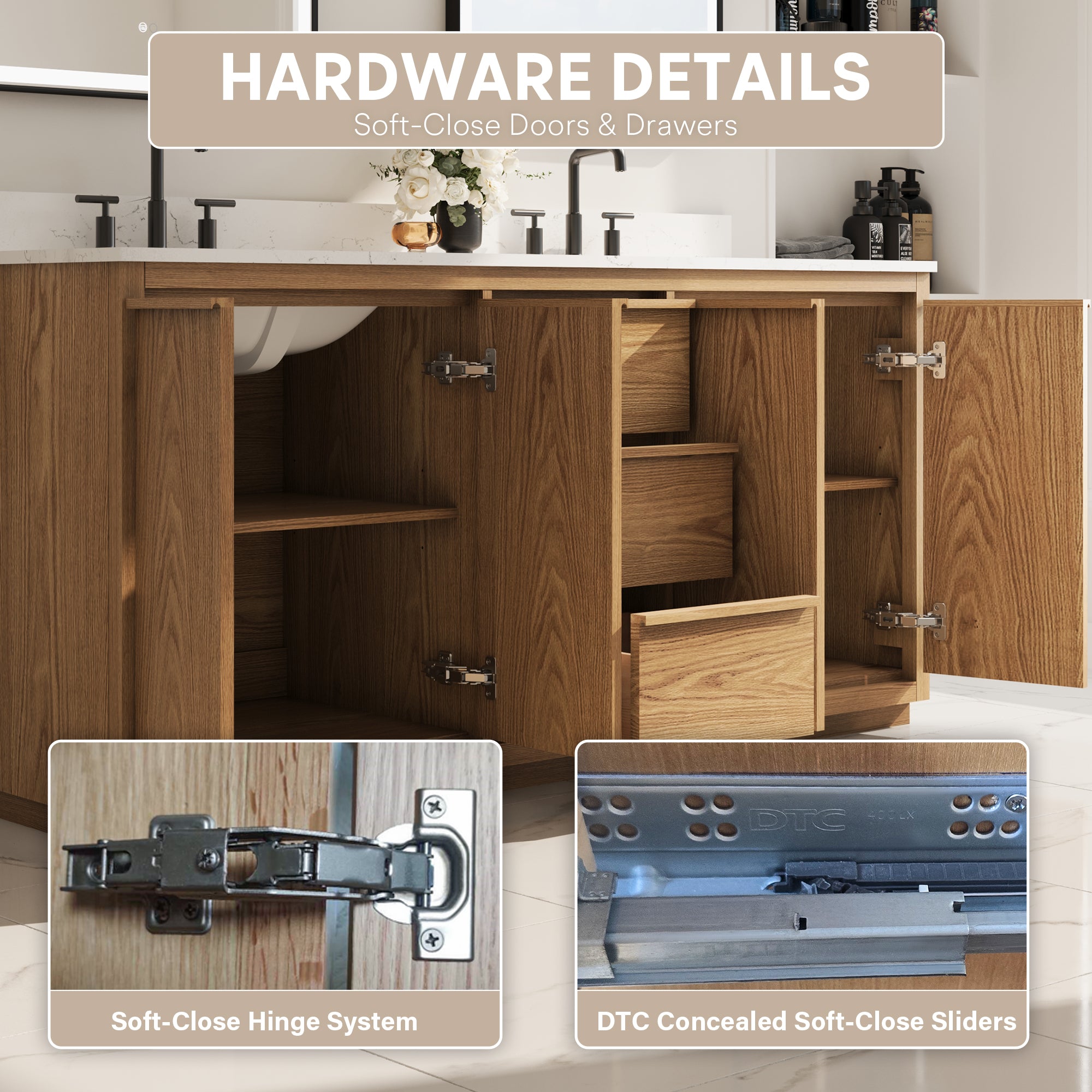 72 Inch Oak Soild Wood Bathroom Vanity with Double Undermount Sinks, 3 Dovetail-constructed Drawers and 4 Soft-close Doors
