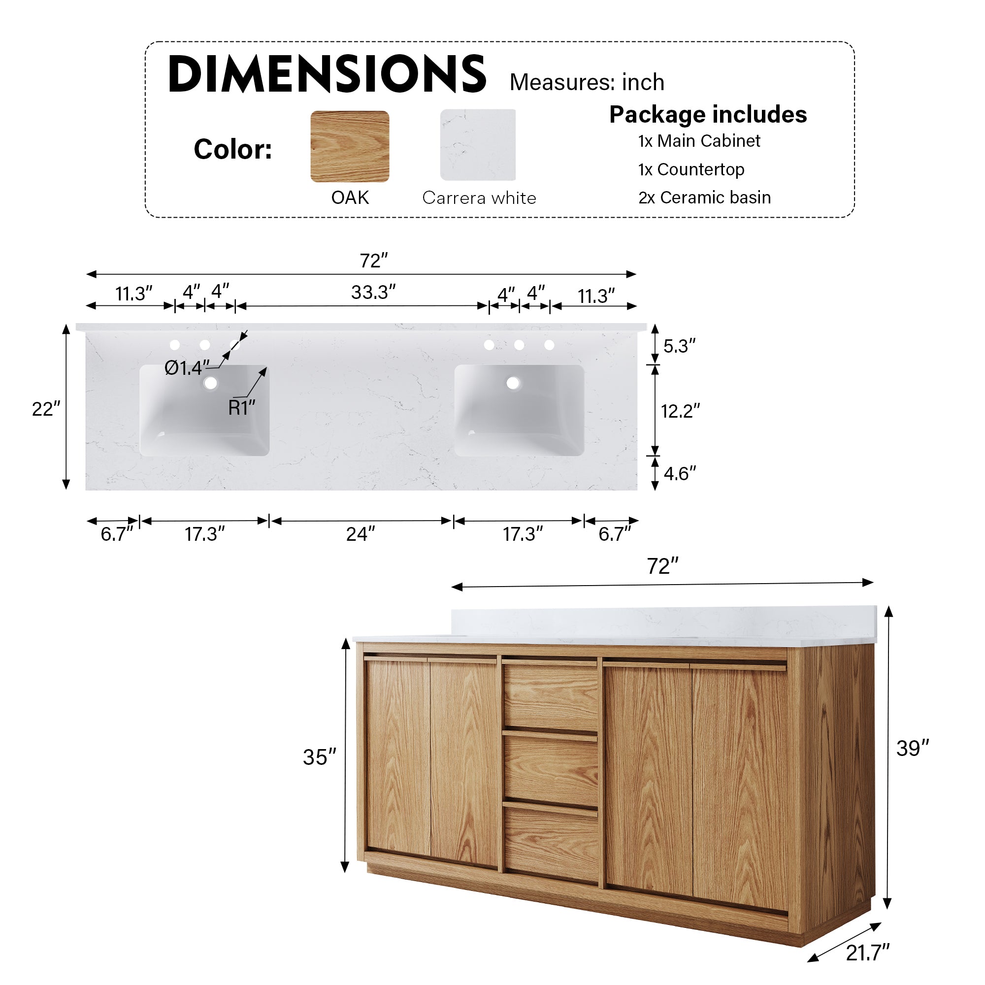 72 Inch Oak Soild Wood Bathroom Vanity with Double Undermount Sinks, 3 Dovetail-constructed Drawers and 4 Soft-close Doors