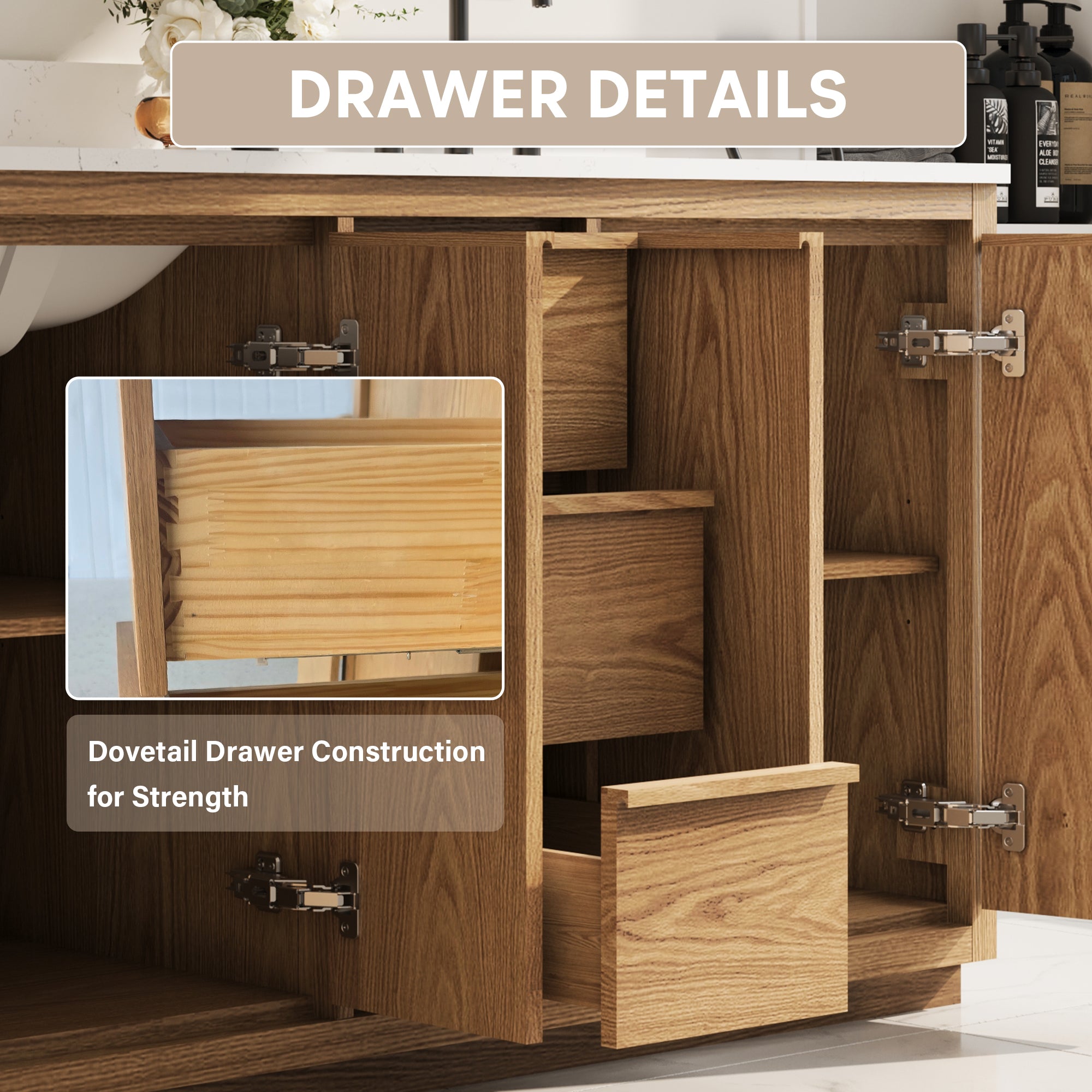 72 Inch Oak Soild Wood Bathroom Vanity with Double Undermount Sinks, 3 Dovetail-constructed Drawers and 4 Soft-close Doors