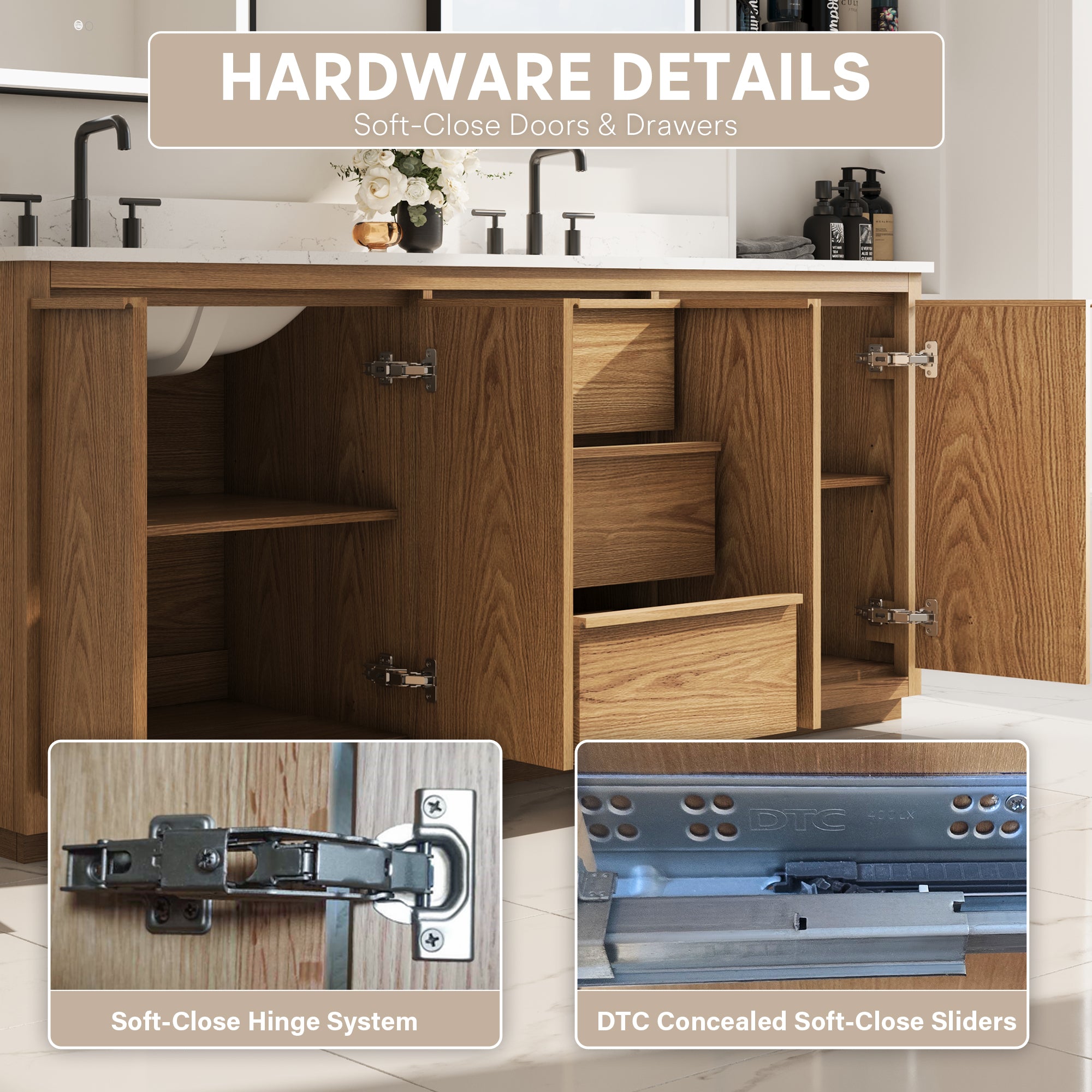 80 Inch Oak Soild Wood Bathroom Vanity with Double Undermount Sinks, 3 Dovetail-constructed Drawers and 4 Soft-close Doors