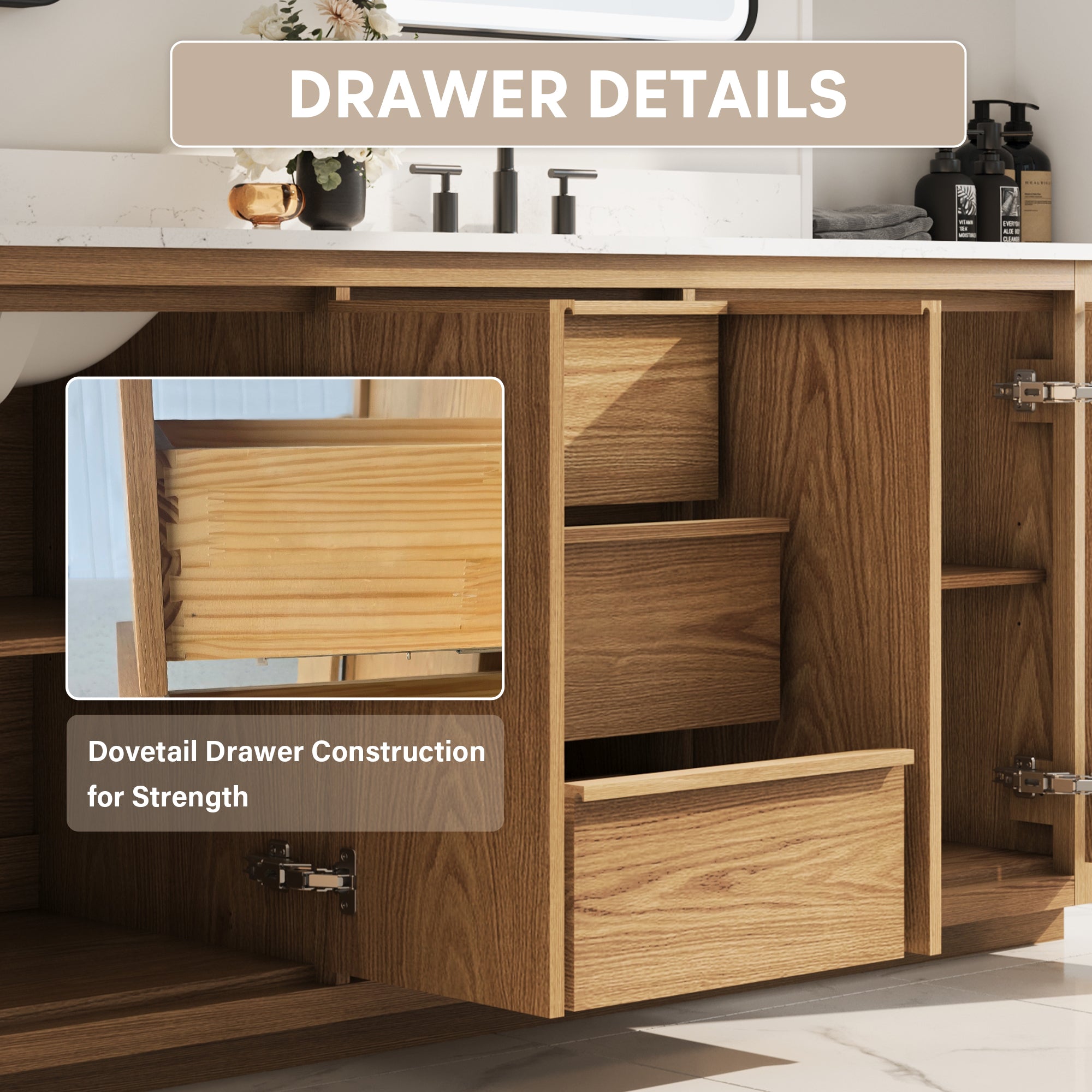 80 Inch Oak Soild Wood Bathroom Vanity with Double Undermount Sinks, 3 Dovetail-constructed Drawers and 4 Soft-close Doors
