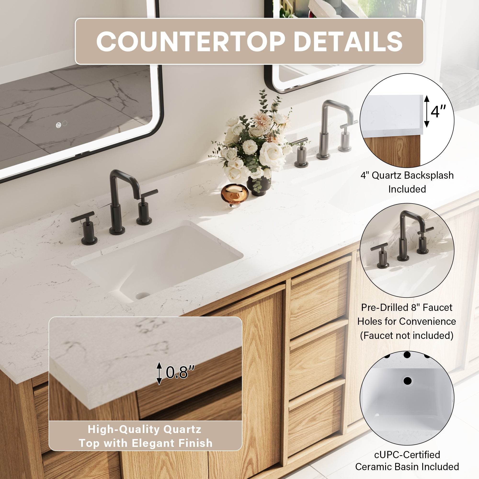 84 Inch Oak Soild Wood Bathroom Vanity with Double Undermount Sinks, 9 Dovetail-constructed Drawers and 4 Soft-close Doors