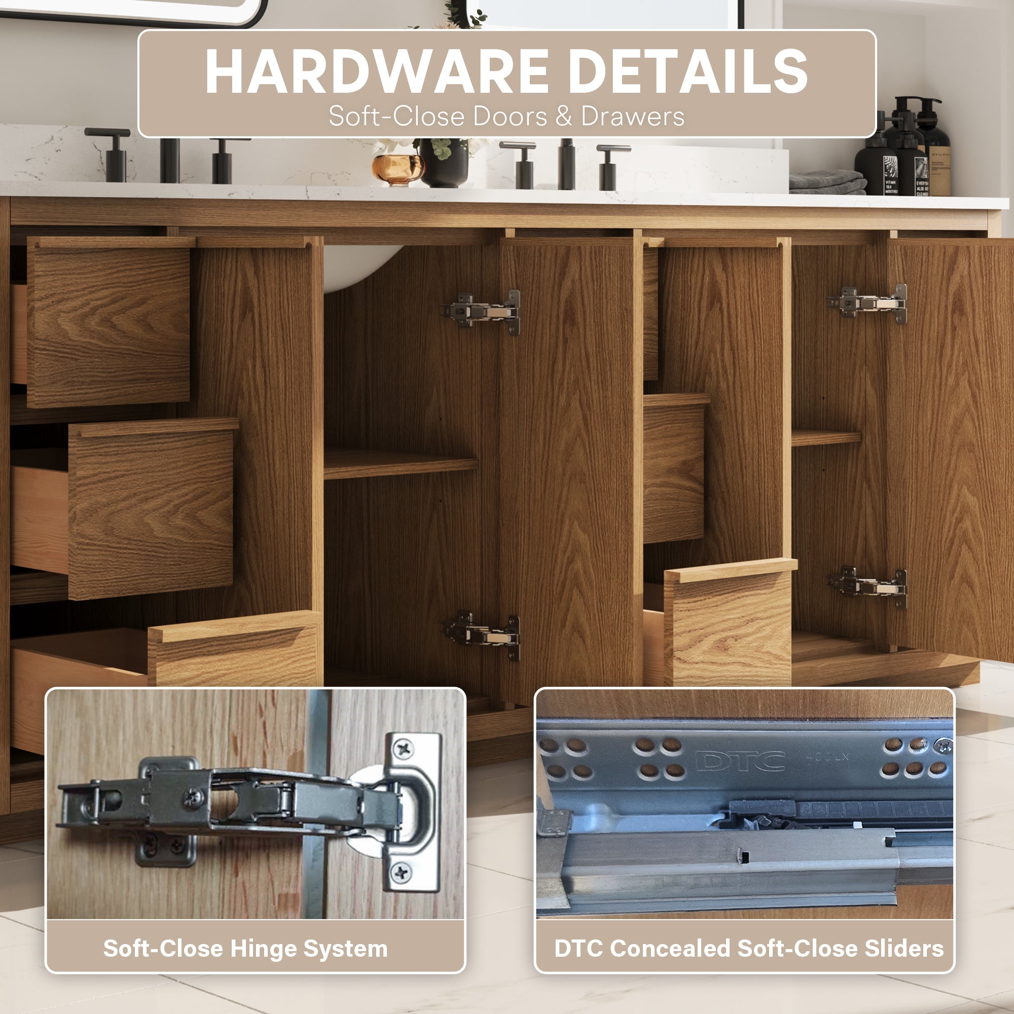 84 Inch Oak Soild Wood Bathroom Vanity with Double Undermount Sinks, 9 Dovetail-constructed Drawers and 4 Soft-close Doors