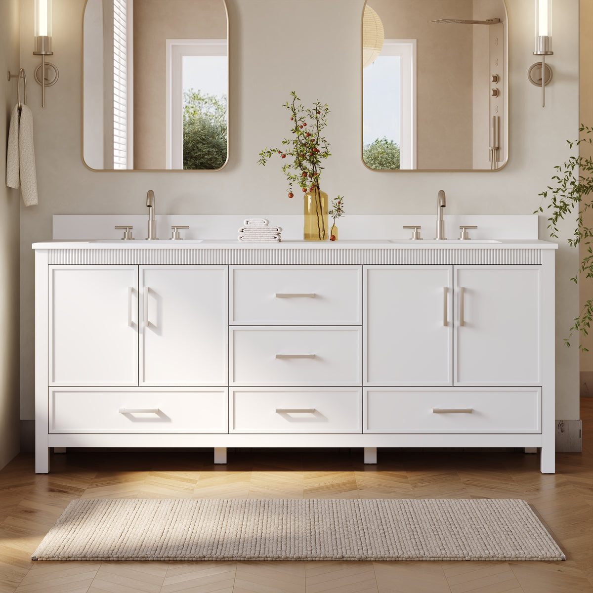 80 Inch Freestanding Solid Wood Bathroom Vanity with Pure White Quartz Countertop, 4 Soft-Close Doors & 5 Dovetail Drawers, White