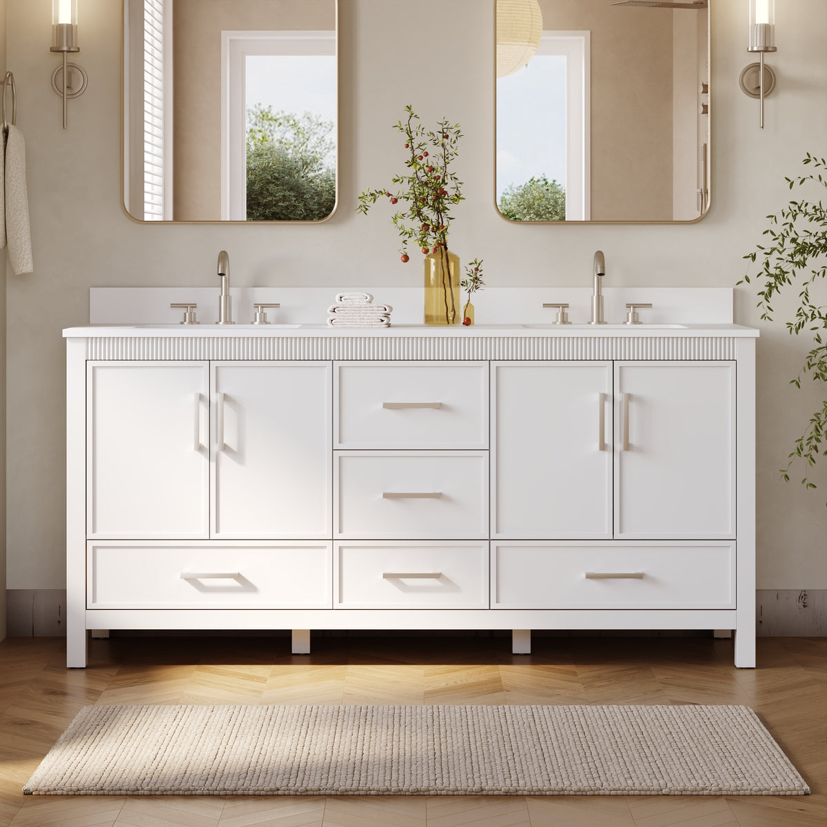 72 Inch Freestanding Solid Wood Bathroom Vanity with Pure White Quartz Countertop, 4 Soft-Close Doors & 5 Dovetail Drawers, White