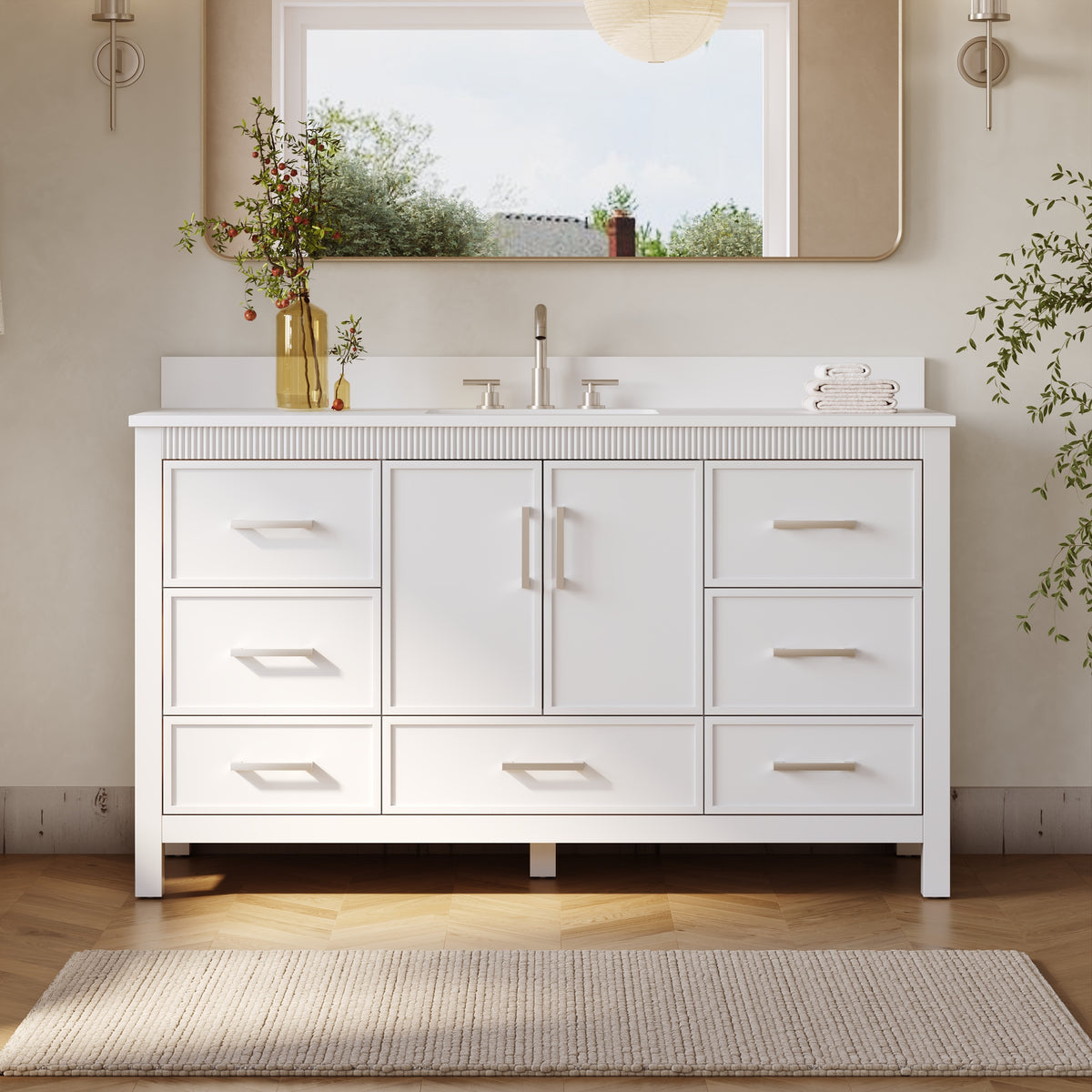 60 Inch Freestanding Solid Wood Bathroom Vanity with Pure White Quartz Countertop, 2 Soft-Close Doors & 7 Dovetail Drawers, White