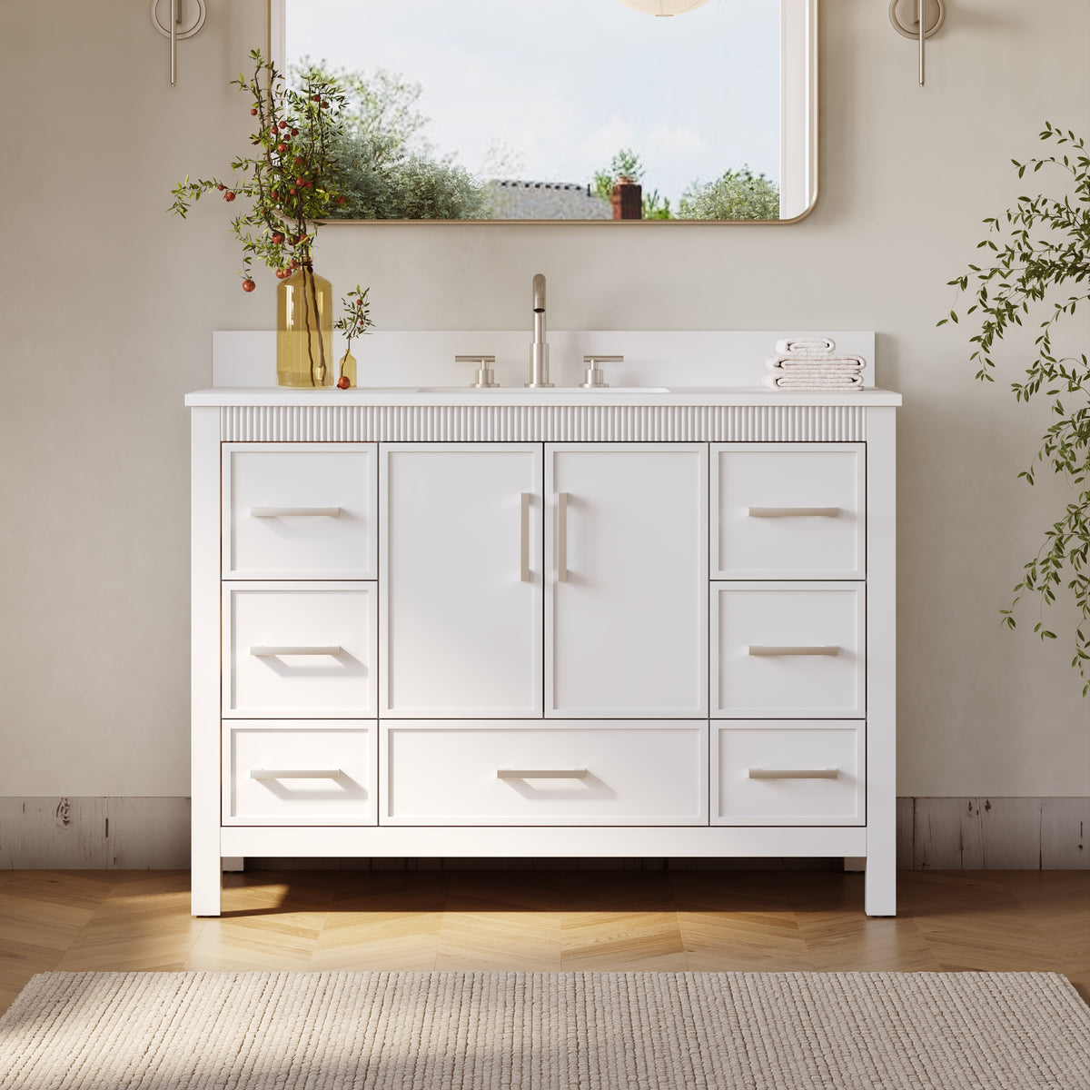 48 Inch Freestanding Solid Wood Bathroom Vanity with Fluted Molding, Pure White Quartz Countertop, White
