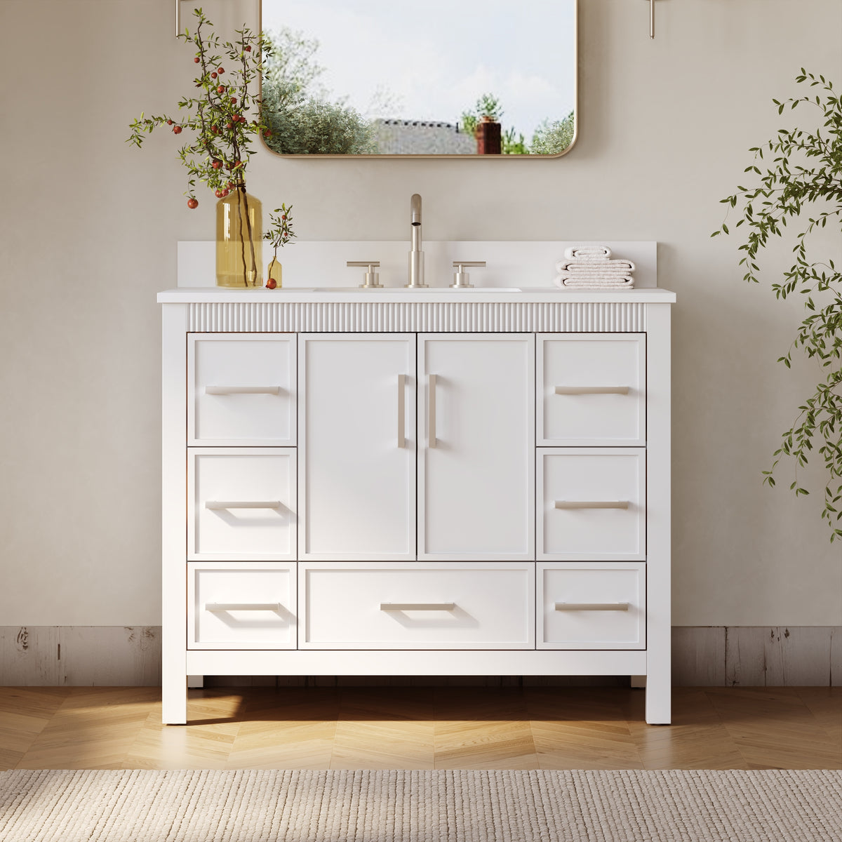 42 Inch Freestanding Solid Wood Bathroom Vanity with Fluted Molding, Pure White Quartz Countertop, White