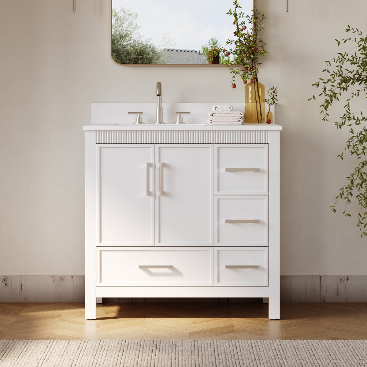 36 Inch Freestanding Solid Wood Bathroom Vanity with Fluted Molding, Pure White Quartz Countertop, White