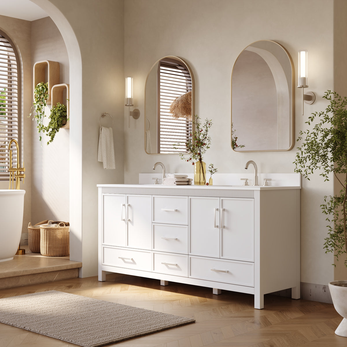 72 Inch Freestanding Solid Wood Bathroom Vanity with Pure White Quartz Countertop, 4 Soft-Close Doors & 5 Dovetail Drawers, White