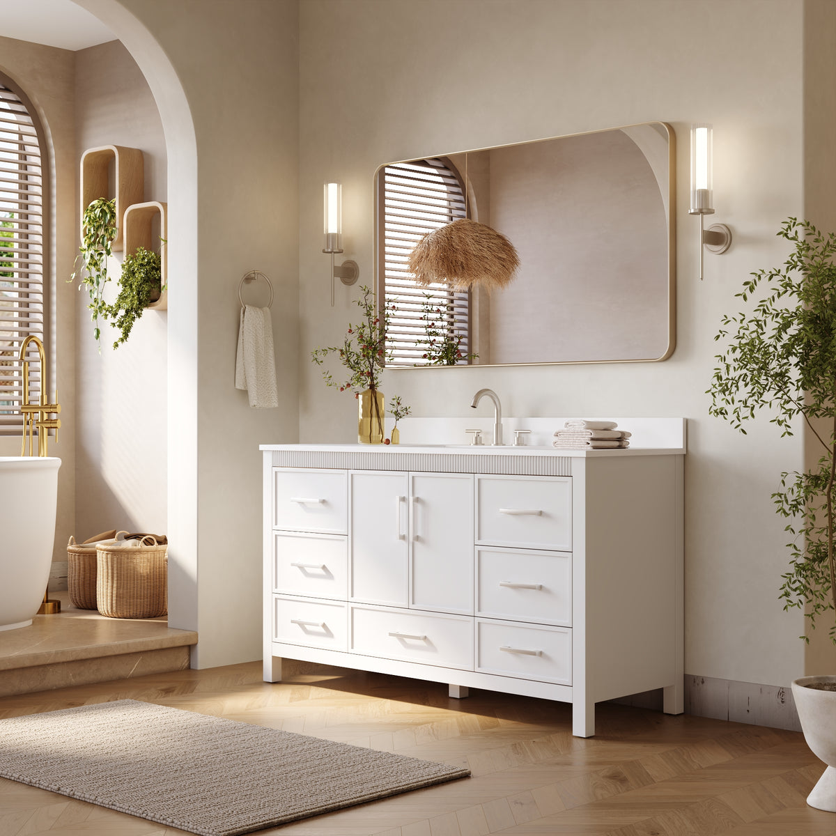 60 Inch Freestanding Solid Wood Bathroom Vanity with Pure White Quartz Countertop, 2 Soft-Close Doors & 7 Dovetail Drawers, White