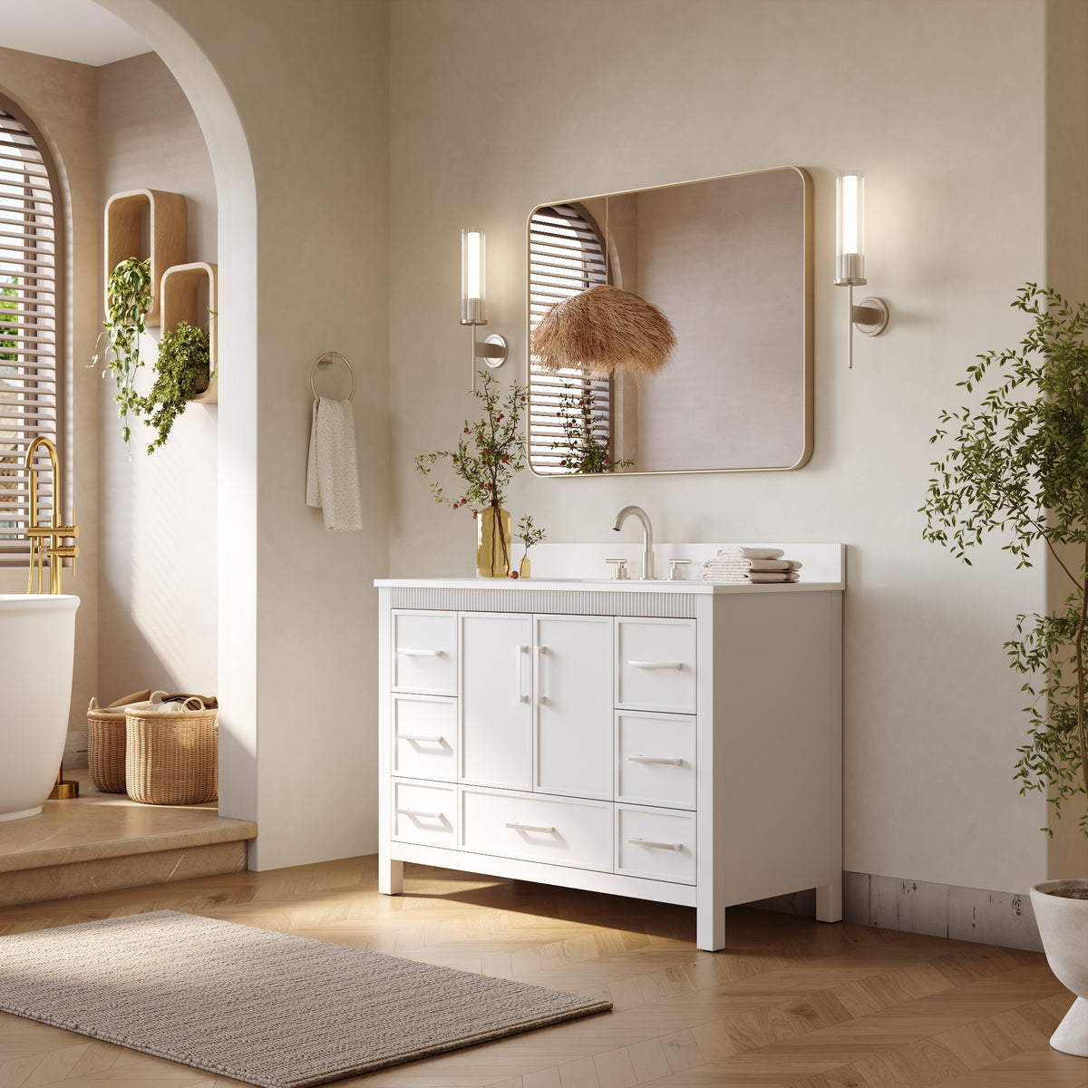 48 Inch Freestanding Solid Wood Bathroom Vanity with Fluted Molding, Pure White Quartz Countertop, White