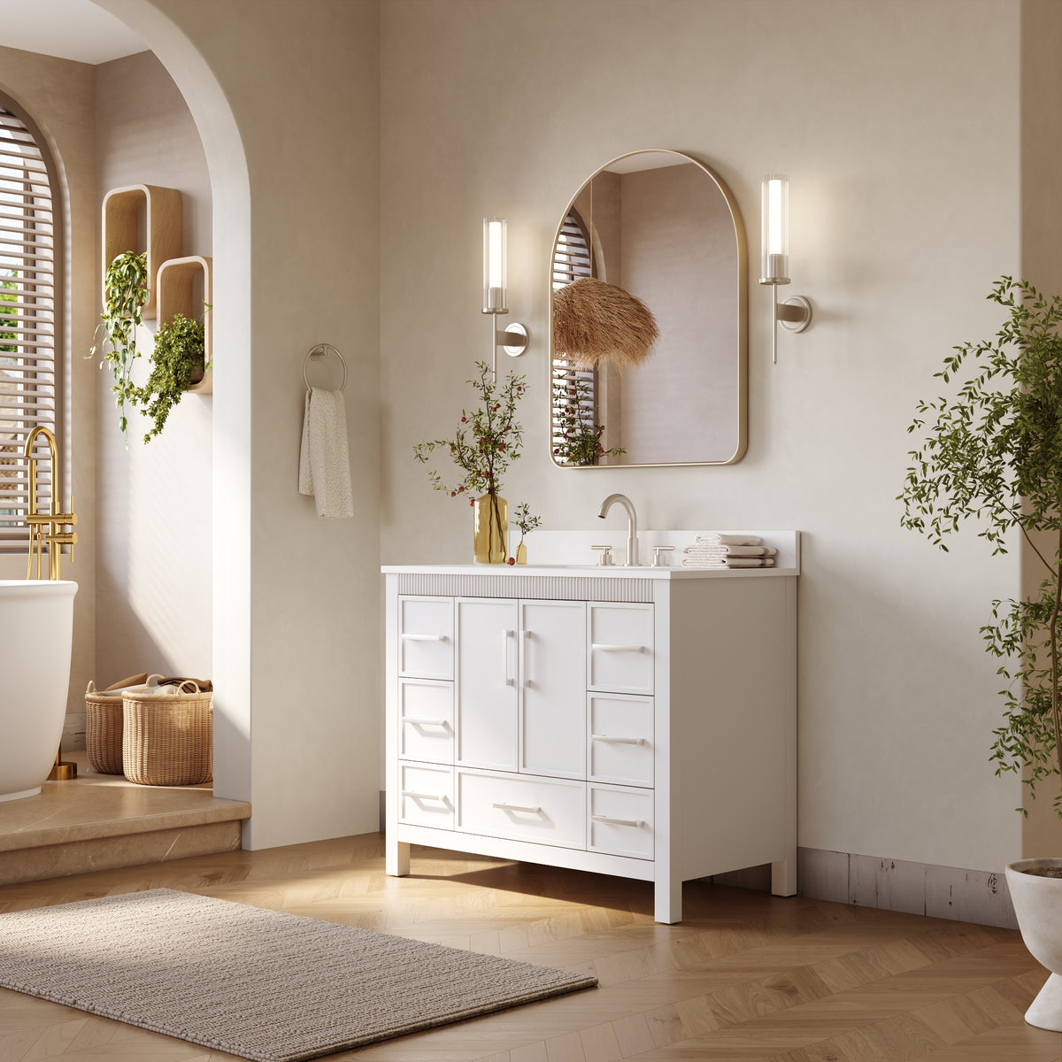 42 Inch Freestanding Solid Wood Bathroom Vanity with Fluted Molding, Pure White Quartz Countertop, White