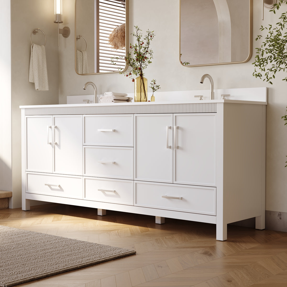 80 Inch Freestanding Solid Wood Bathroom Vanity with Pure White Quartz Countertop, 4 Soft-Close Doors & 5 Dovetail Drawers, White