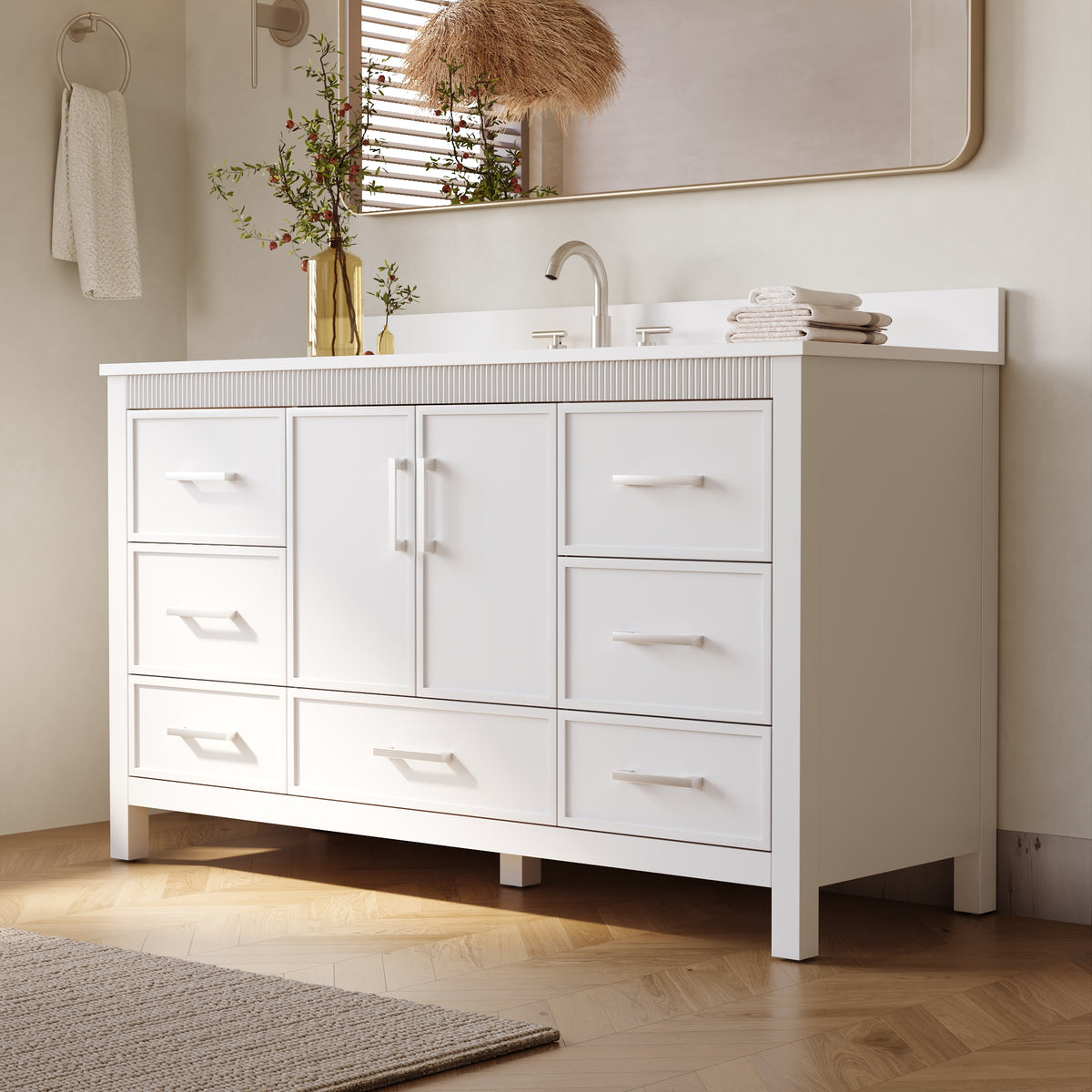 60 Inch Freestanding Solid Wood Bathroom Vanity with Pure White Quartz Countertop, 2 Soft-Close Doors & 7 Dovetail Drawers, White