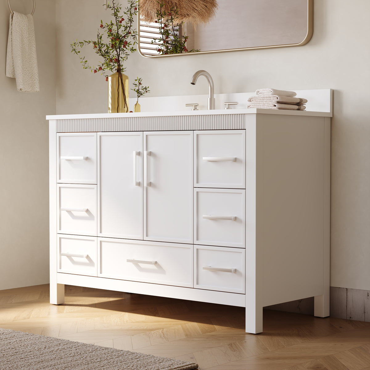 48 Inch Freestanding Solid Wood Bathroom Vanity with Fluted Molding, Pure White Quartz Countertop, White