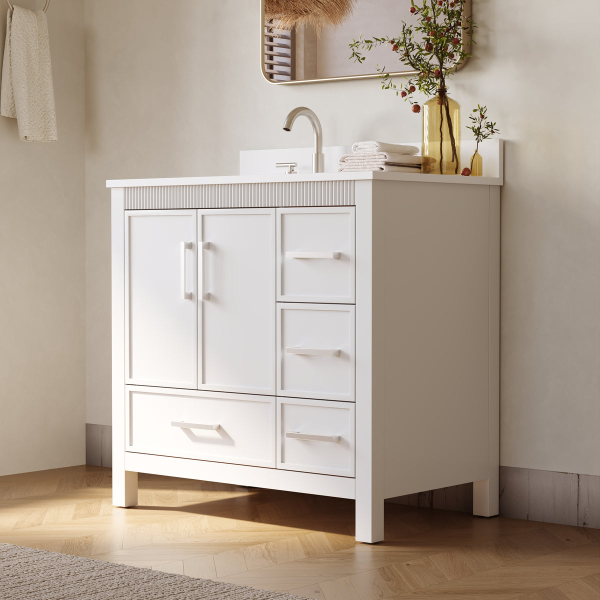 36 Inch Freestanding Solid Wood Bathroom Vanity with Fluted Molding, Pure White Quartz Countertop, White