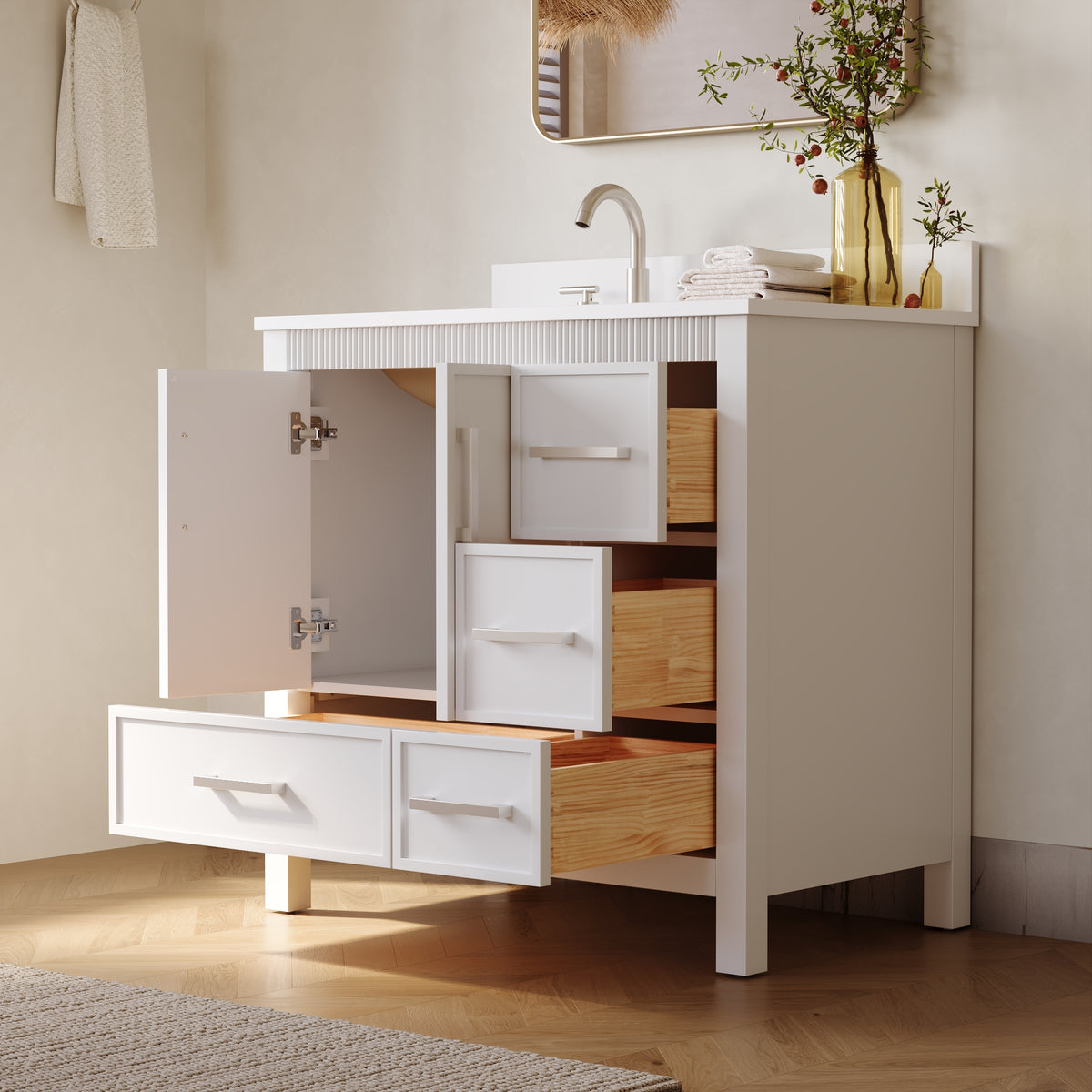 36 Inch Freestanding Solid Wood Bathroom Vanity with Fluted Molding, Pure White Quartz Countertop, White