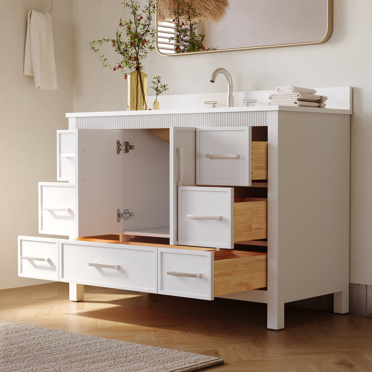 48 Inch Freestanding Solid Wood Bathroom Vanity with Fluted Molding, Pure White Quartz Countertop, White