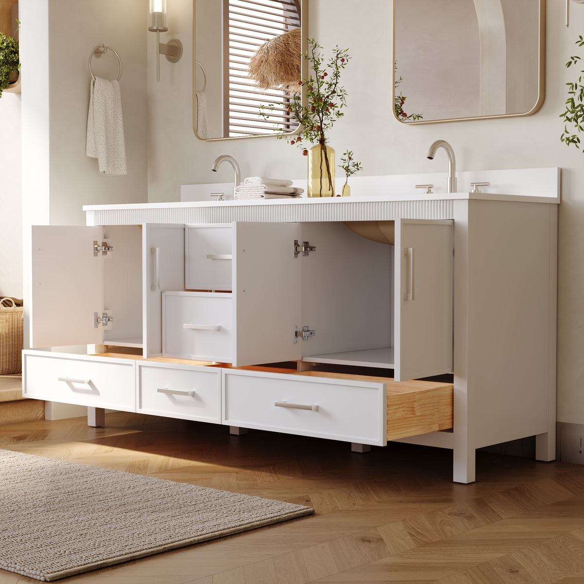 72 Inch Freestanding Solid Wood Bathroom Vanity with Pure White Quartz Countertop, 4 Soft-Close Doors & 5 Dovetail Drawers, White