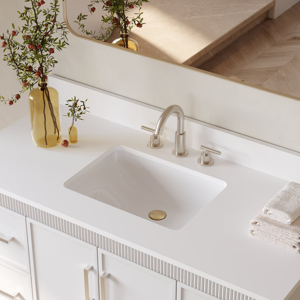 48 Inch Freestanding Solid Wood Bathroom Vanity with Fluted Molding, Pure White Quartz Countertop, White