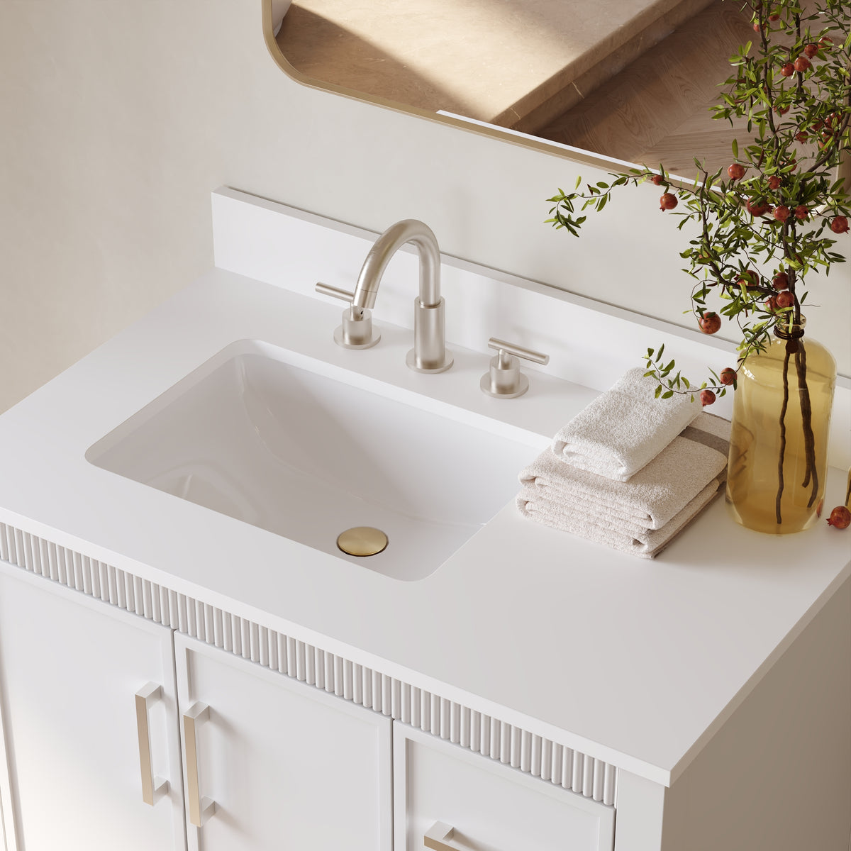 36 Inch Freestanding Solid Wood Bathroom Vanity with Fluted Molding, Pure White Quartz Countertop, White