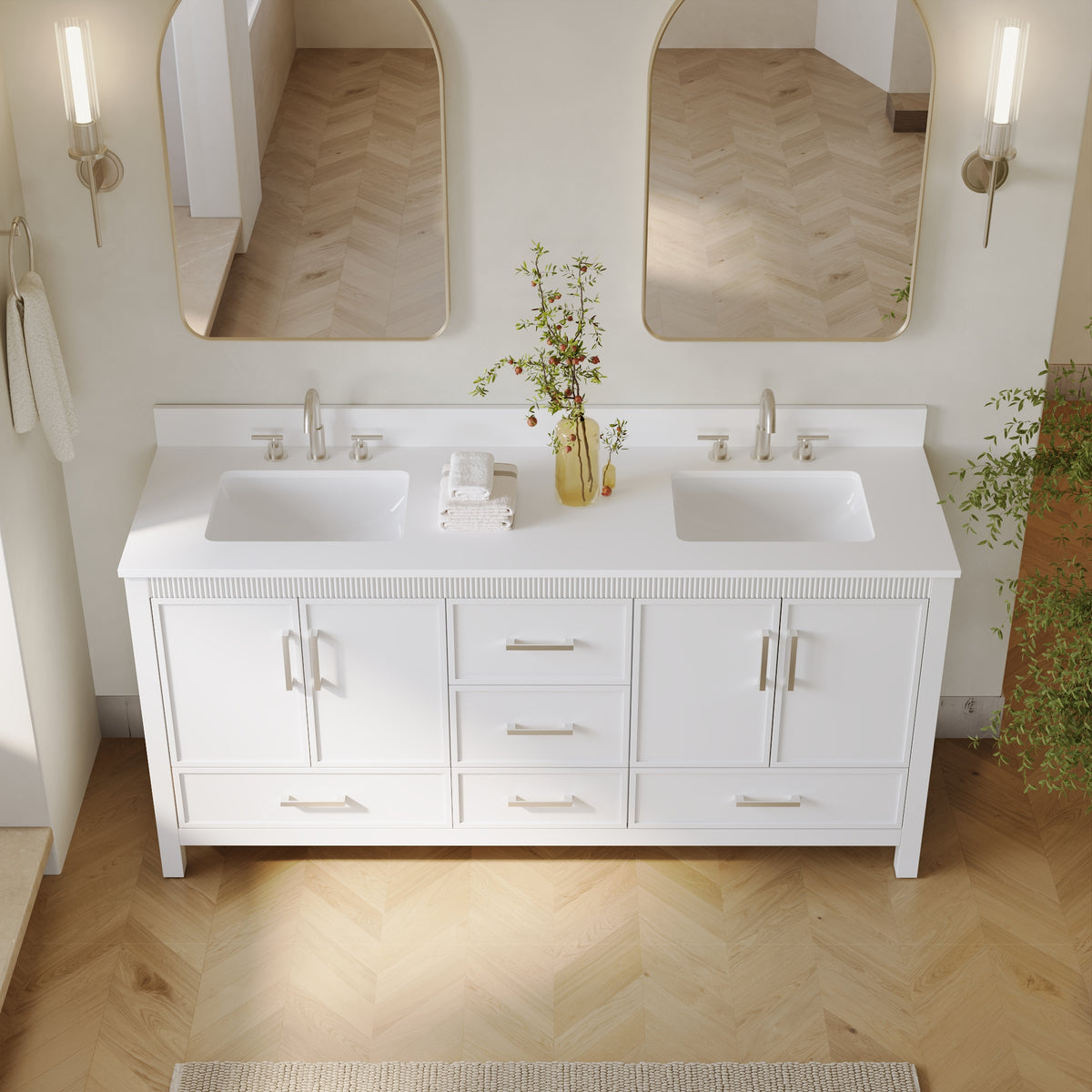 72 Inch Freestanding Solid Wood Bathroom Vanity with Pure White Quartz Countertop, 4 Soft-Close Doors & 5 Dovetail Drawers, White
