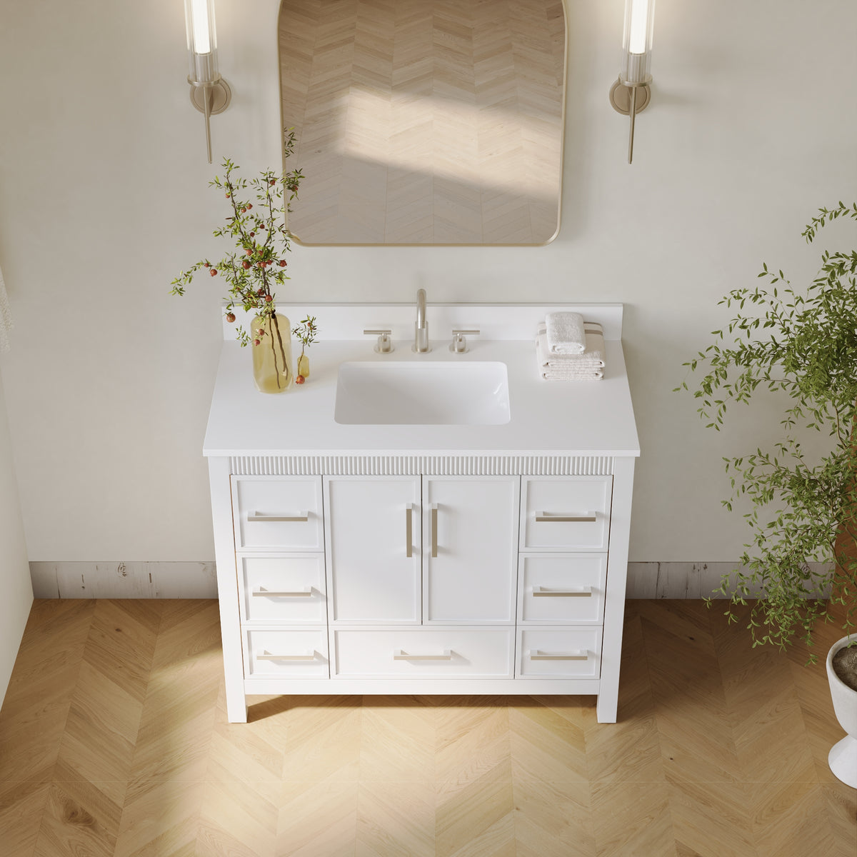 42 Inch Freestanding Solid Wood Bathroom Vanity with Fluted Molding, Pure White Quartz Countertop, White