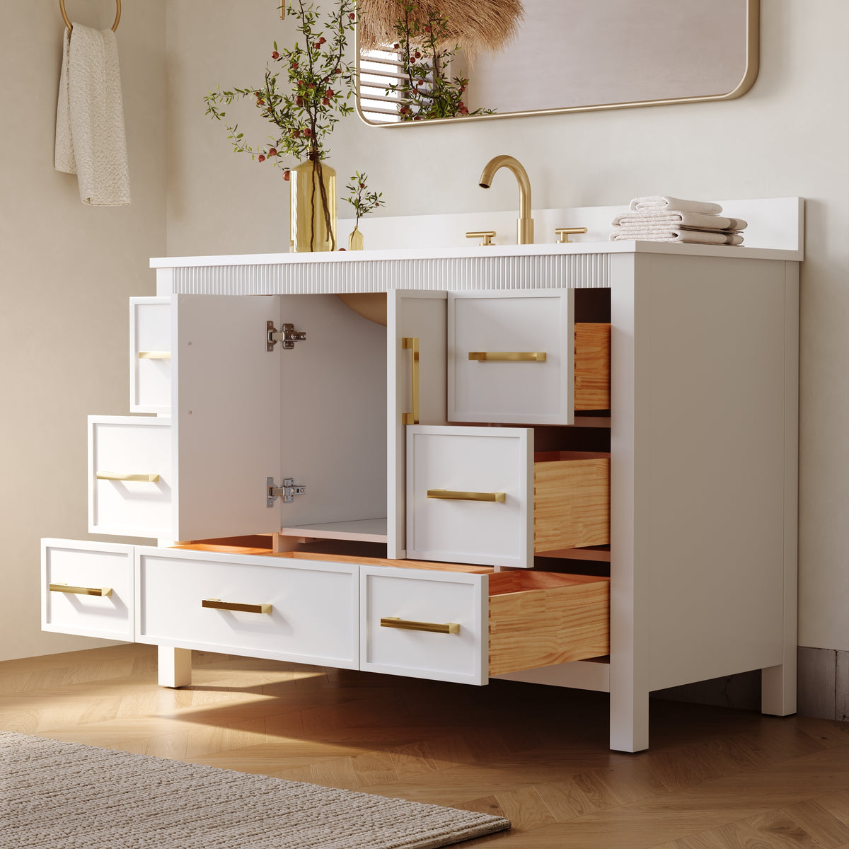 48 Inch Freestanding Solid Wood Bathroom Vanity with Fluted Molding, Pure White Quartz Countertop, White