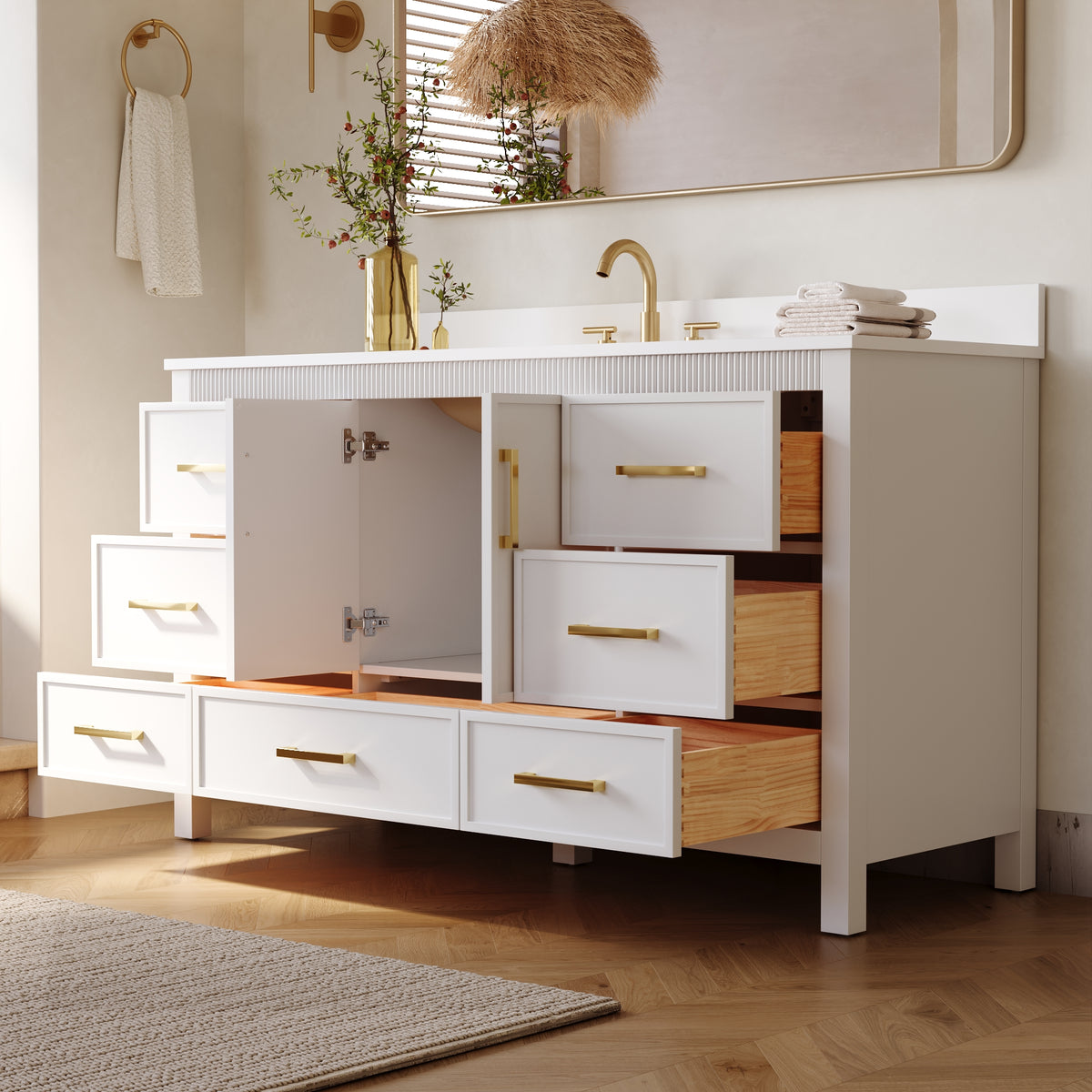 60 Inch Freestanding Solid Wood Bathroom Vanity with Pure White Quartz Countertop, 2 Soft-Close Doors & 7 Dovetail Drawers, White