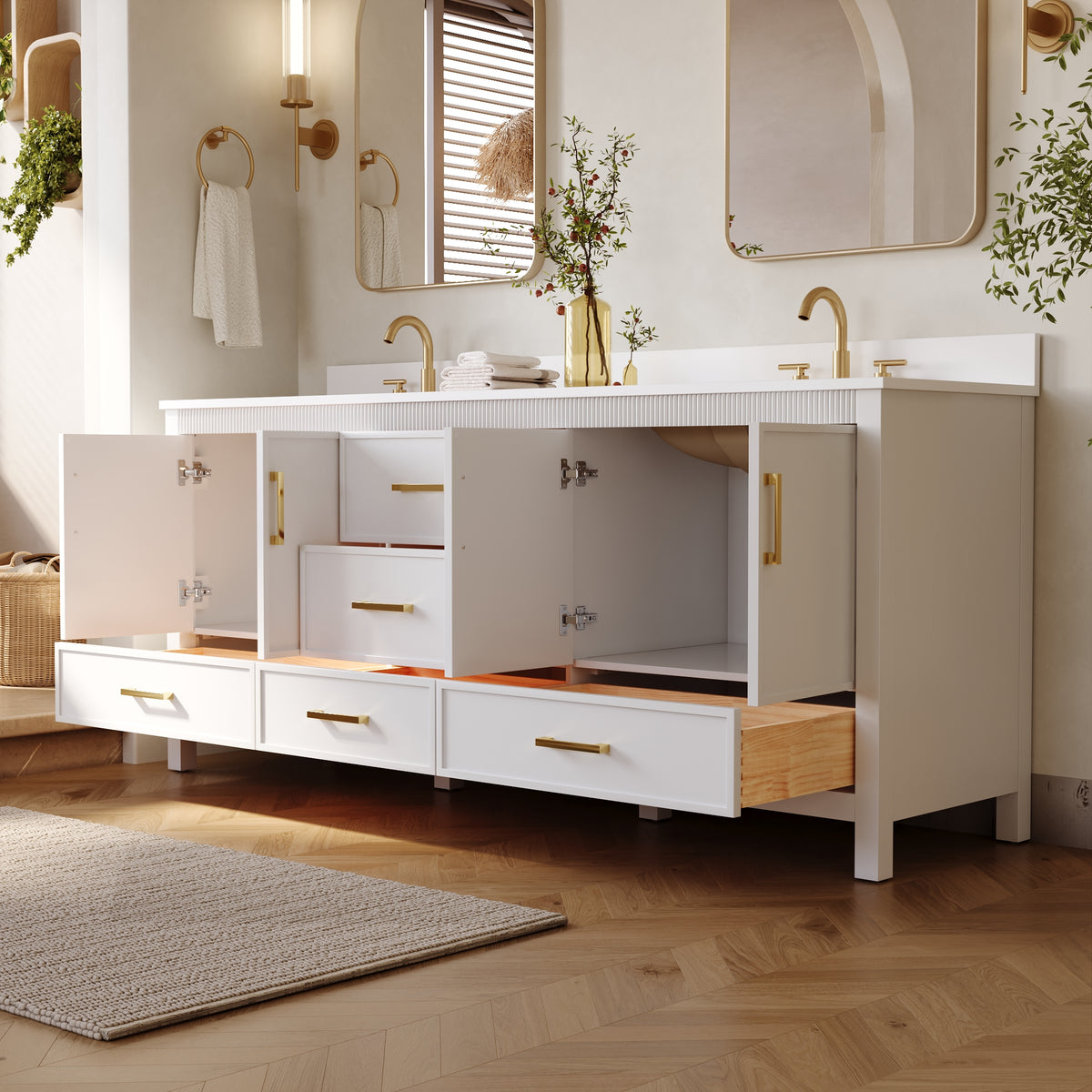 84 Inch Freestanding Solid Wood Bathroom Vanity with Pure White Quartz Countertop, 4 Soft-Close Doors & 11 Dovetail Drawers, White