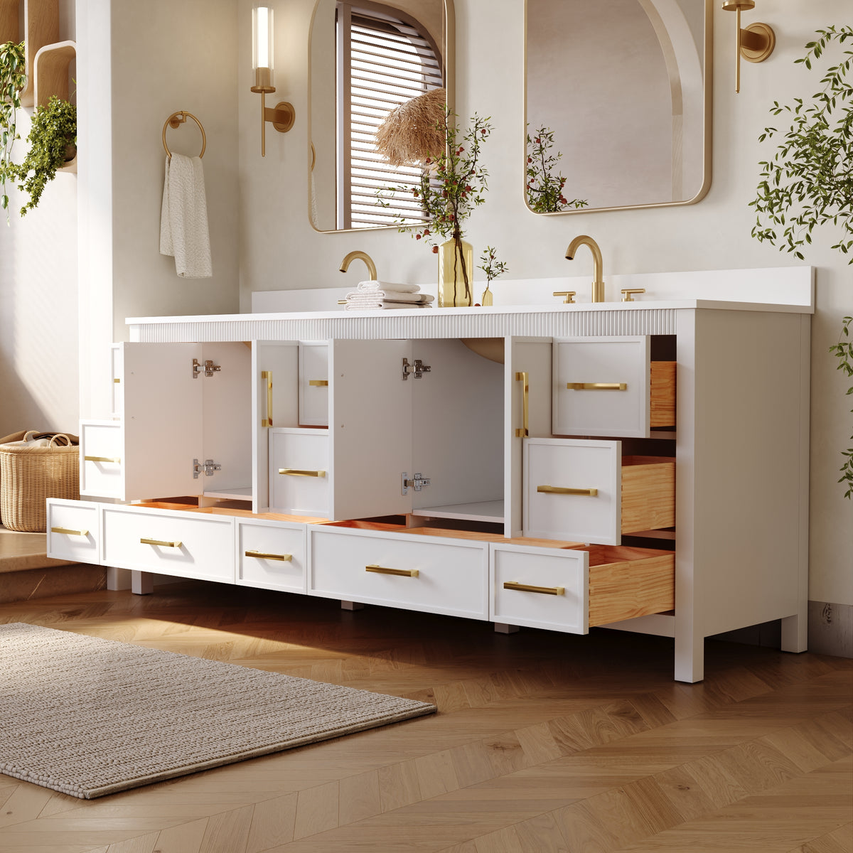 84 Inch Freestanding Solid Wood Bathroom Vanity with Pure White Quartz Countertop, 4 Soft-Close Doors & 11 Dovetail Drawers, White