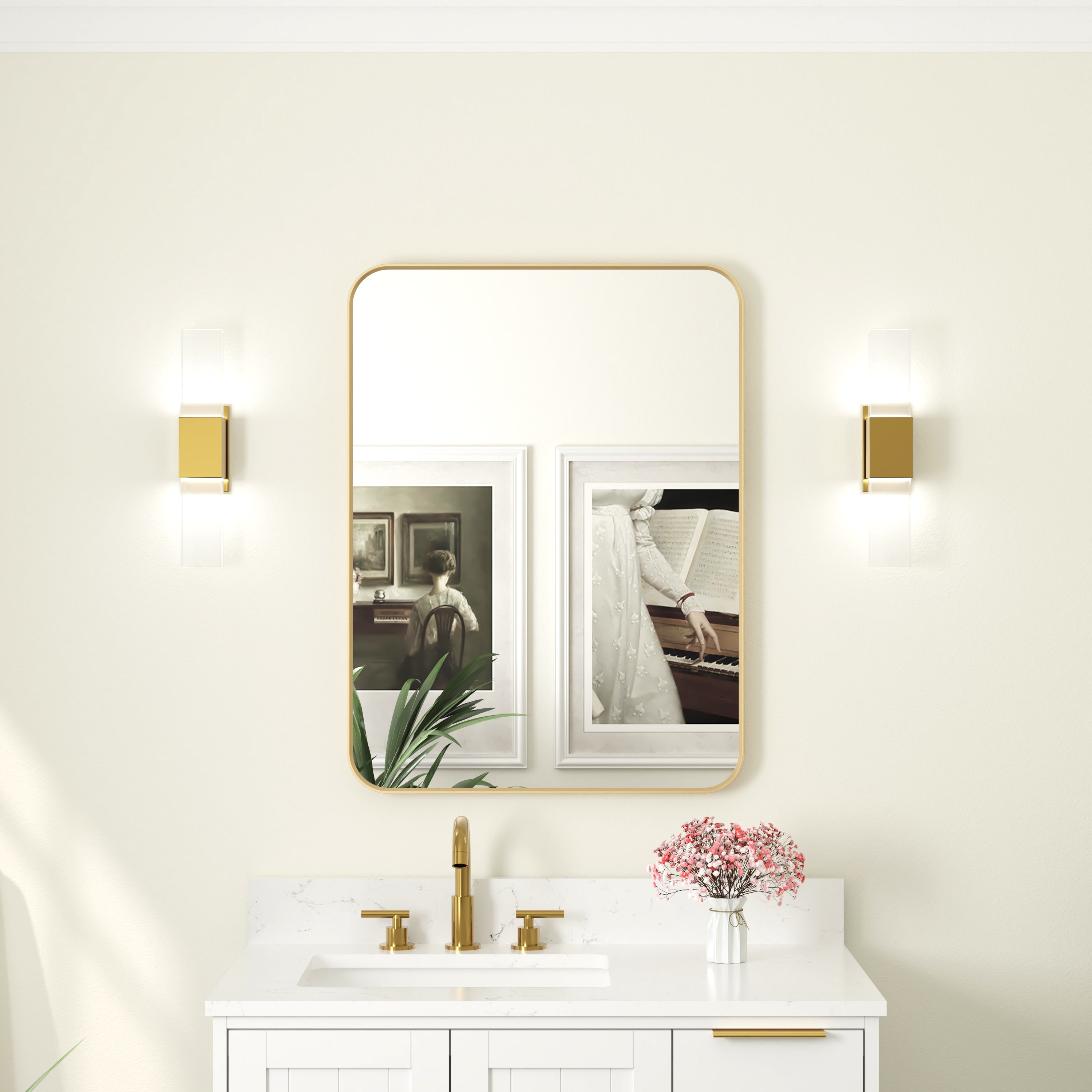 24-in W x 36-in H Rectangular Framed Bathroom Vanity Mirror in Brushed Gold