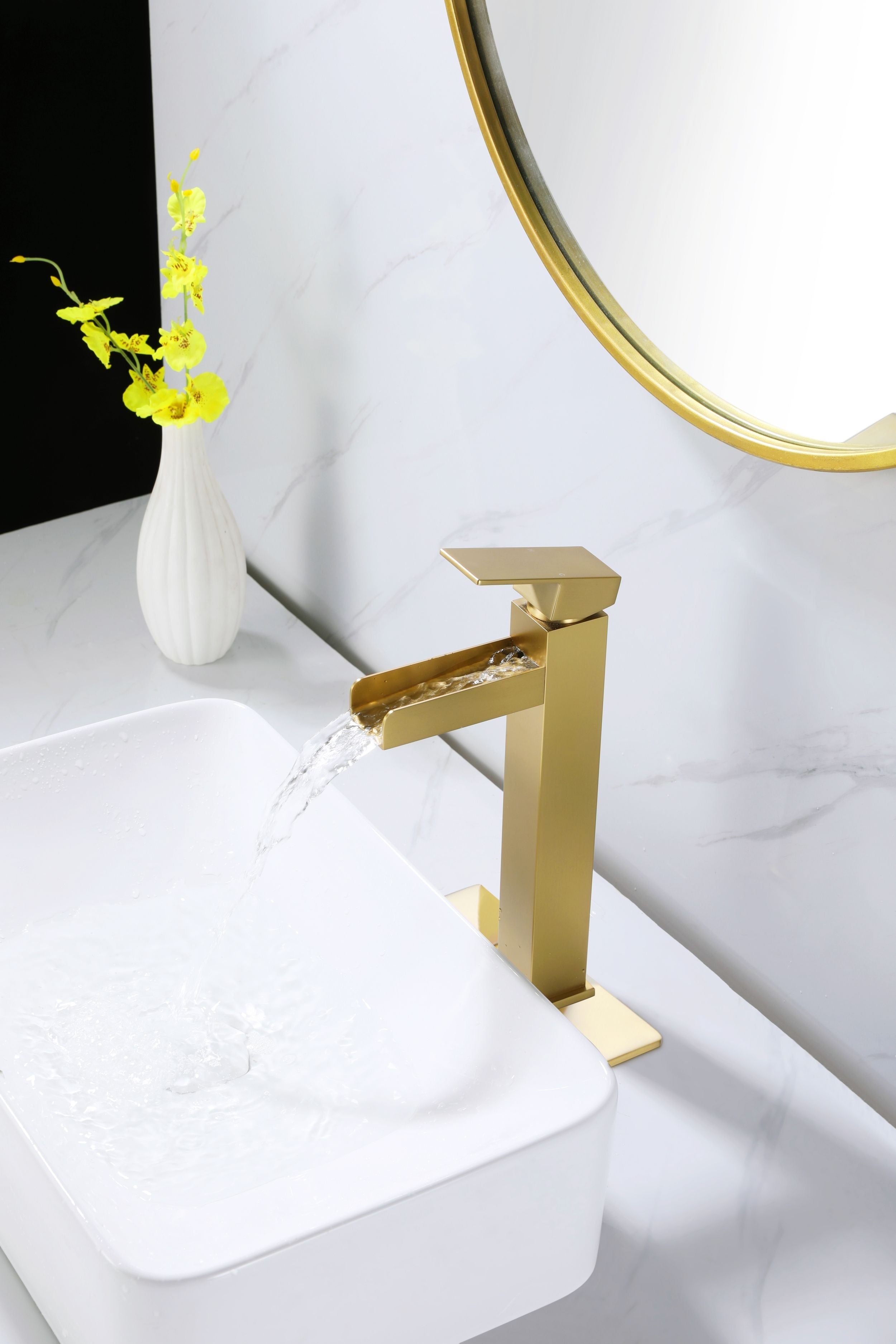 Tall Waterfall Spout Bathroom Lavatory Faucet Deck Mounted Brushed Gold