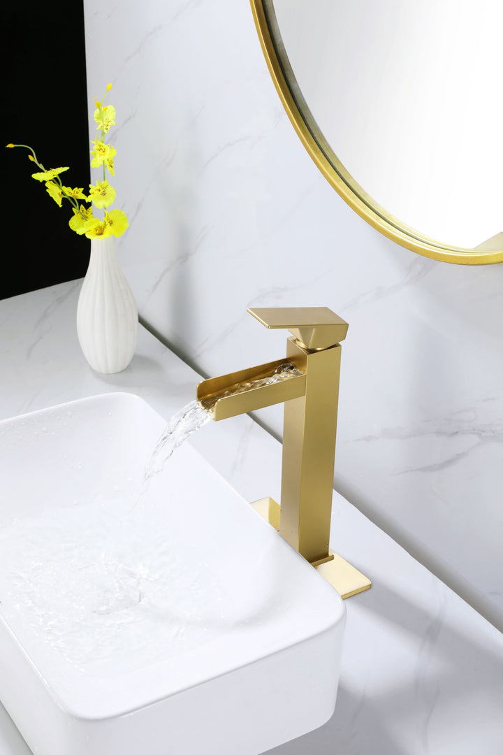 Tall Waterfall Spout Bathroom Lavatory Faucet Deck Mounted Brushed Gold